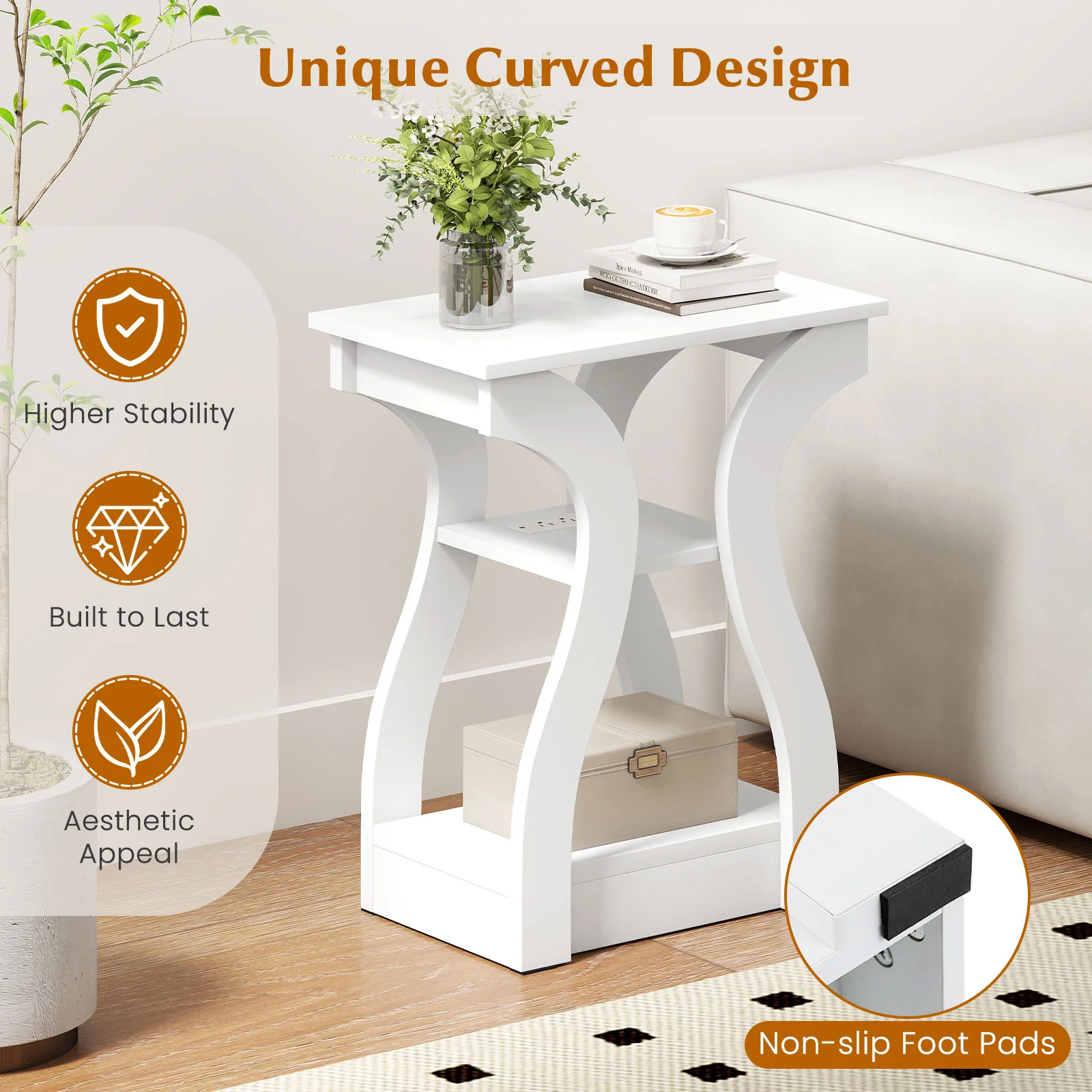 3-Tier End Tables With Charging Station, Set Of 2, White - Image 9