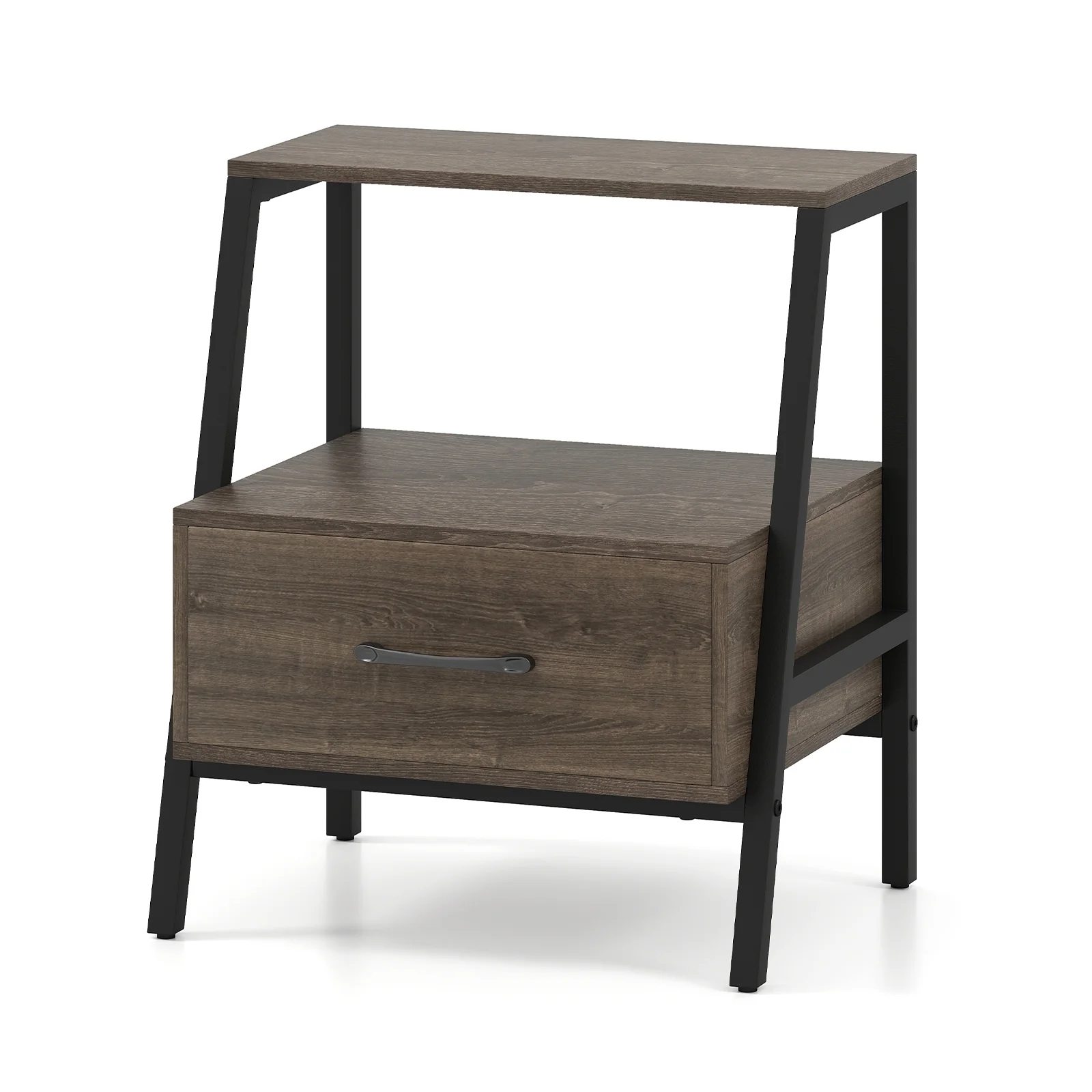 3-Tier Farmhouse Nightstand, Open Shelf, Gray