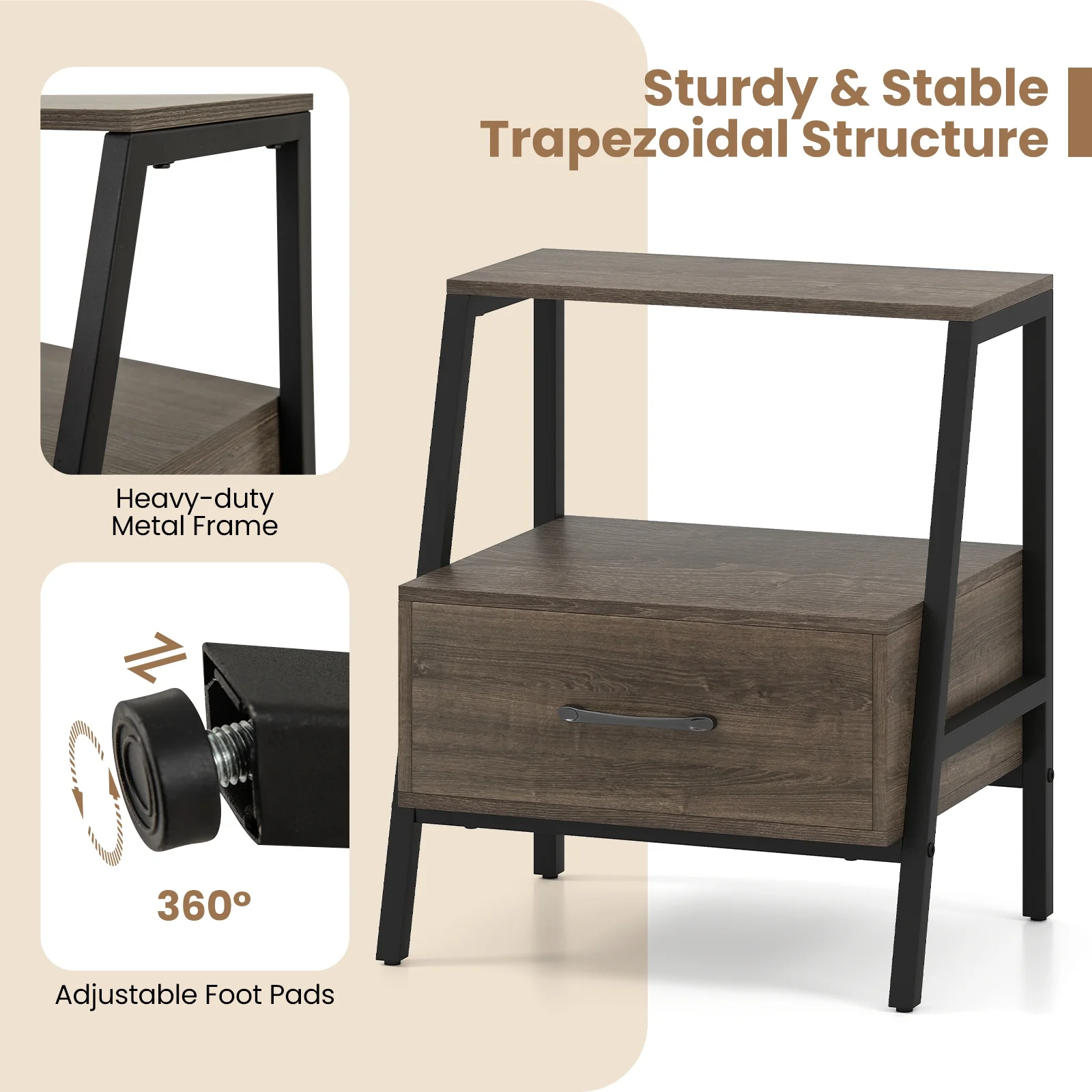 3-Tier Farmhouse Nightstand, Open Shelf, Gray - Image 10