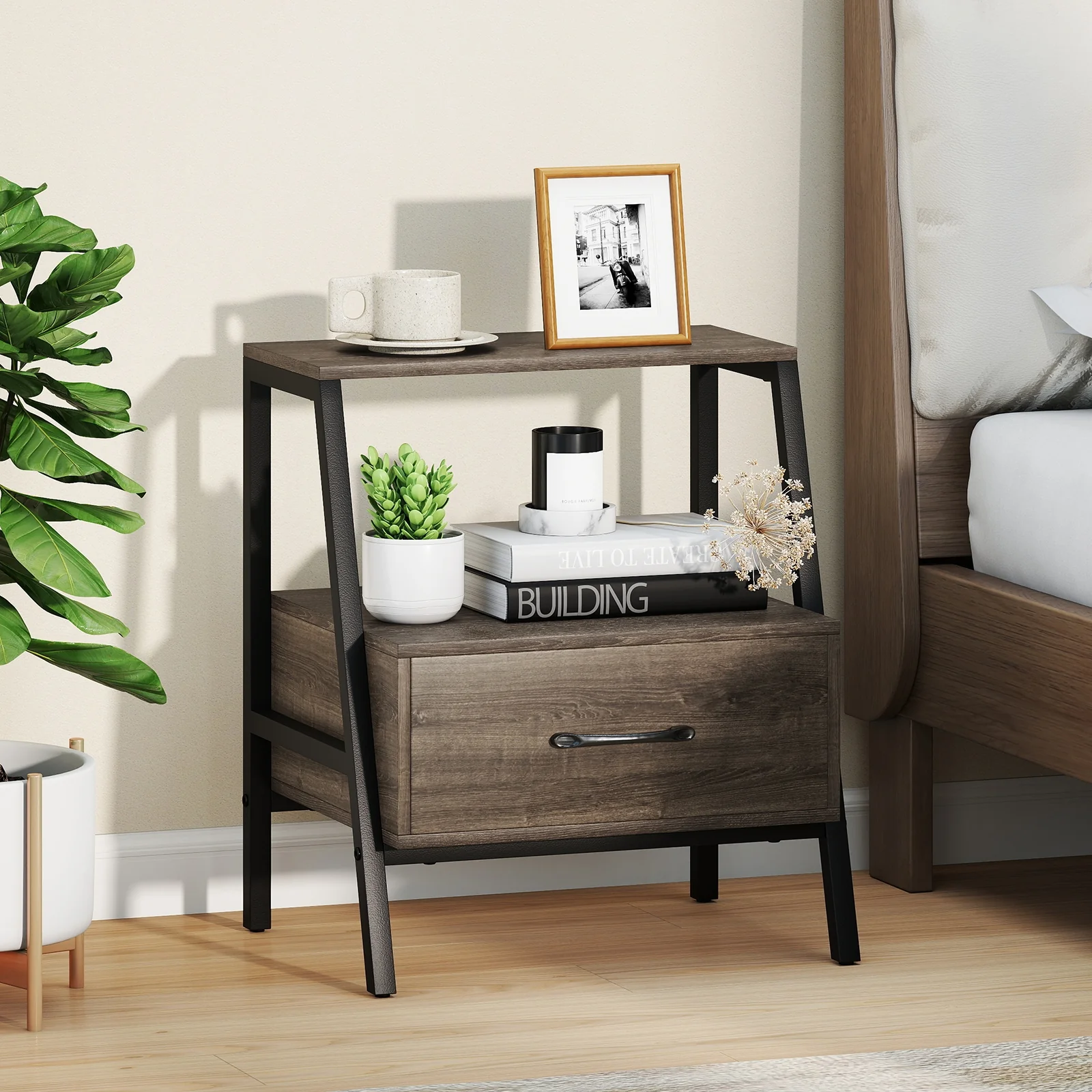 3-Tier Farmhouse Nightstand, Open Shelf, Gray - Image 2