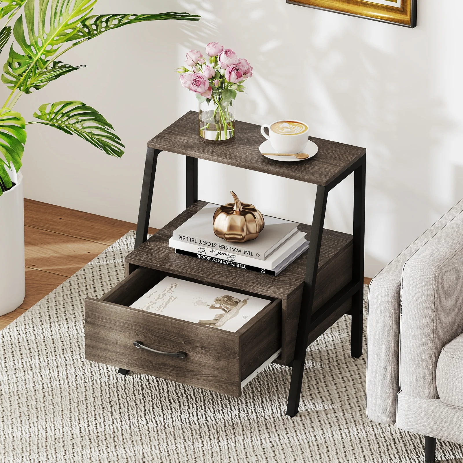 3-Tier Farmhouse Nightstand, Open Shelf, Gray - Image 3