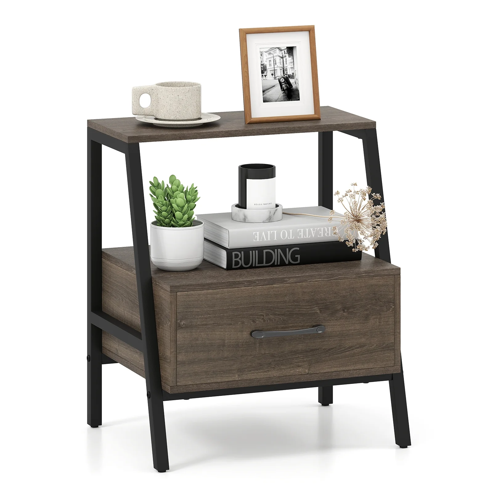 3-Tier Farmhouse Nightstand, Open Shelf, Gray - Image 5
