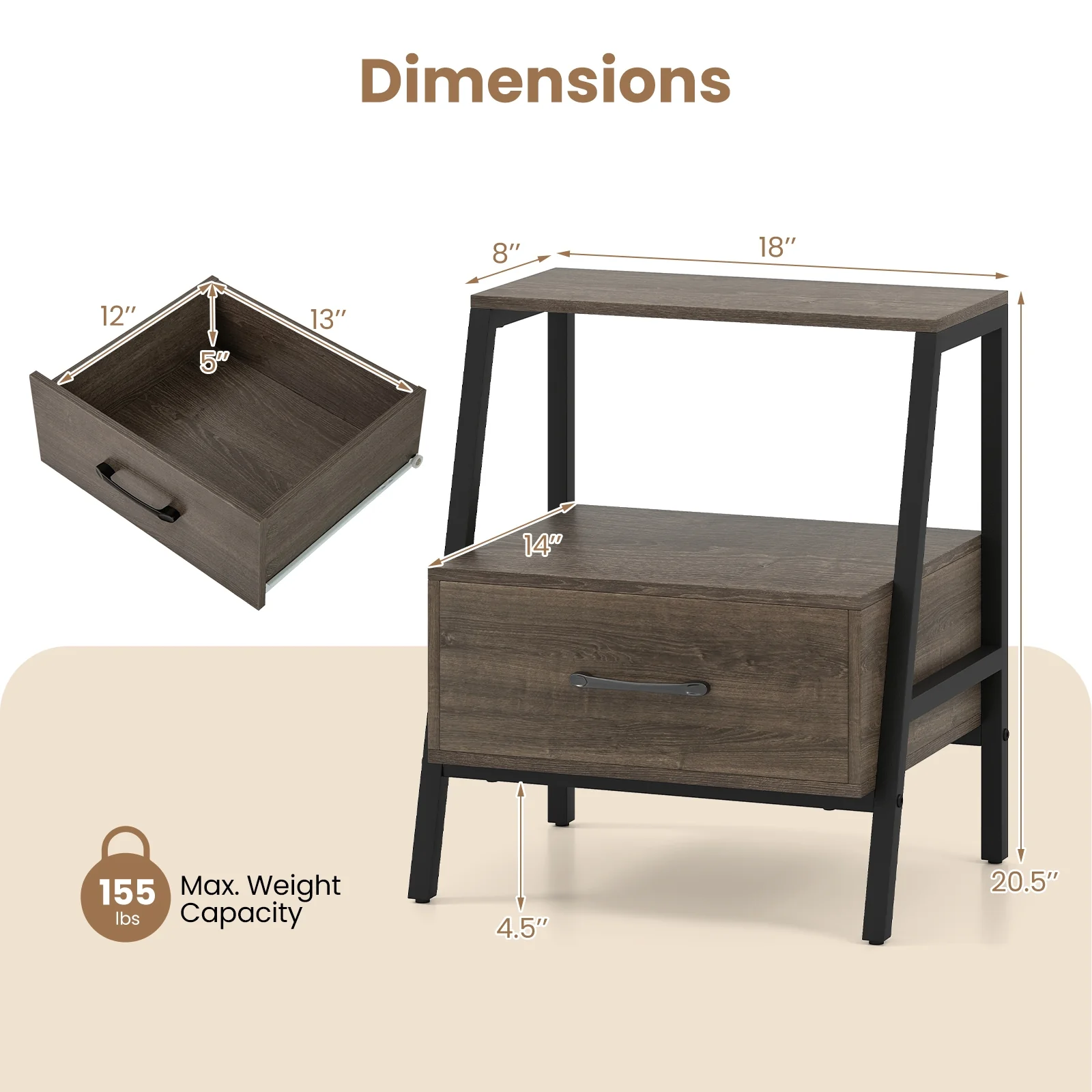 3-Tier Farmhouse Nightstand, Open Shelf, Gray - Image 6