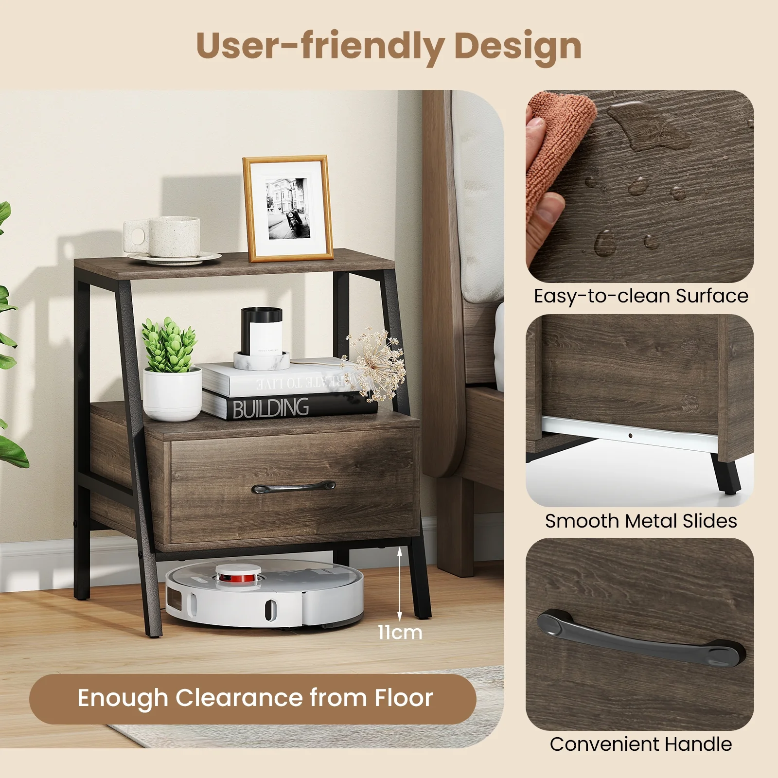 3-Tier Farmhouse Nightstand, Open Shelf, Gray - Image 8