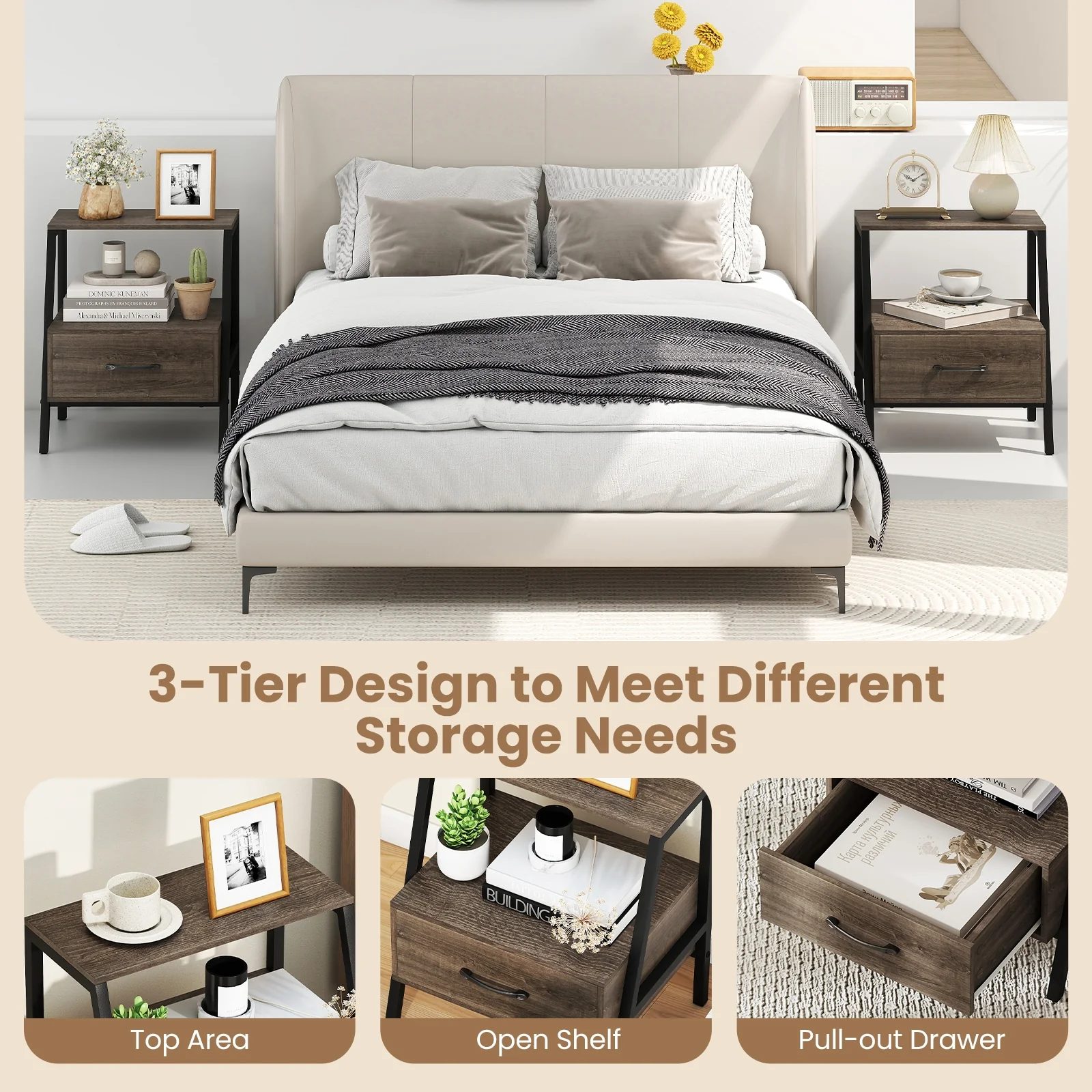 3-Tier Farmhouse Nightstand, Open Shelf, Gray - Image 9