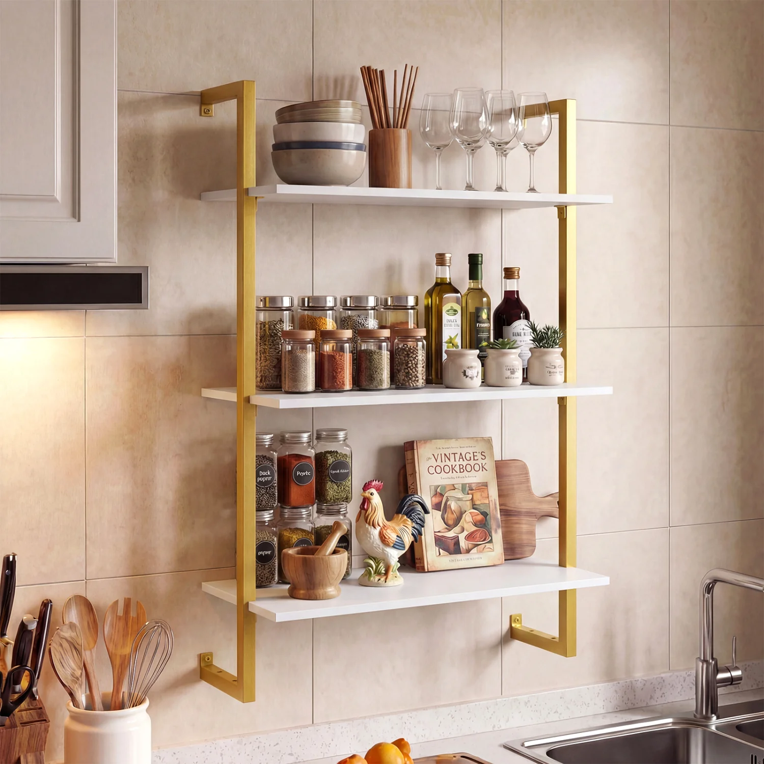 3-Tier Floating Shelf for Kitchen Living Room, White - Image 2