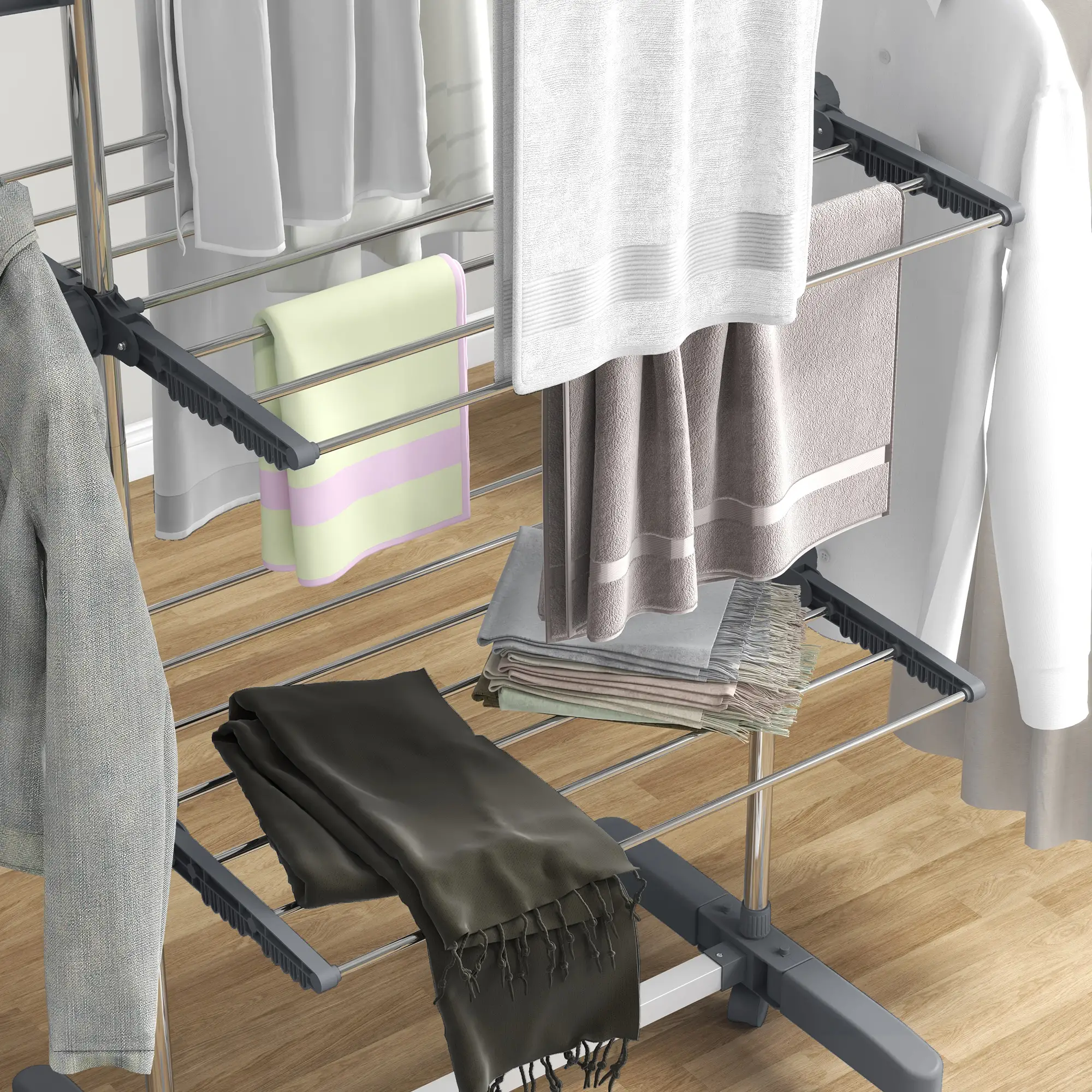 3-Tier Foldable Clothes Drying Rack, Stainless Steel, 6 Castors, Grey - Image 10