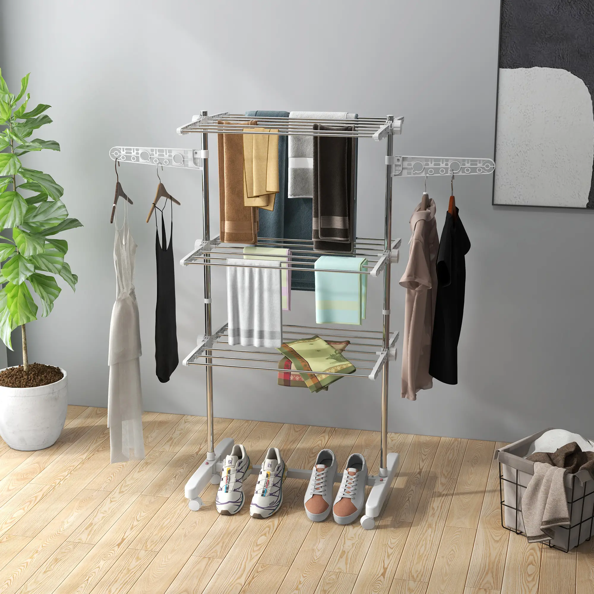 3-Tier Foldable Clothes Drying Rack, Stainless Steel, White - Image 8