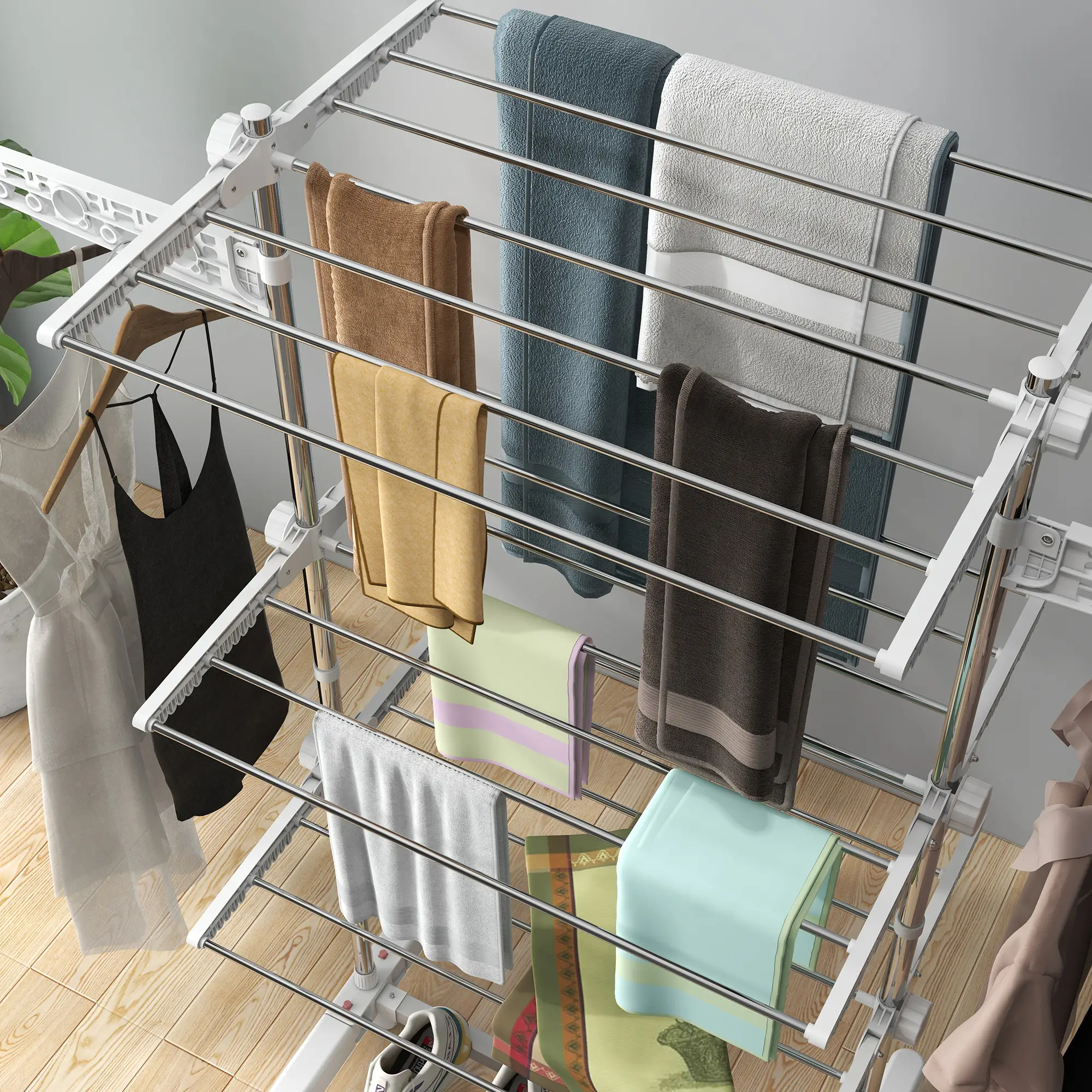 3-Tier Foldable Clothes Drying Rack, Stainless Steel, White - Image 9