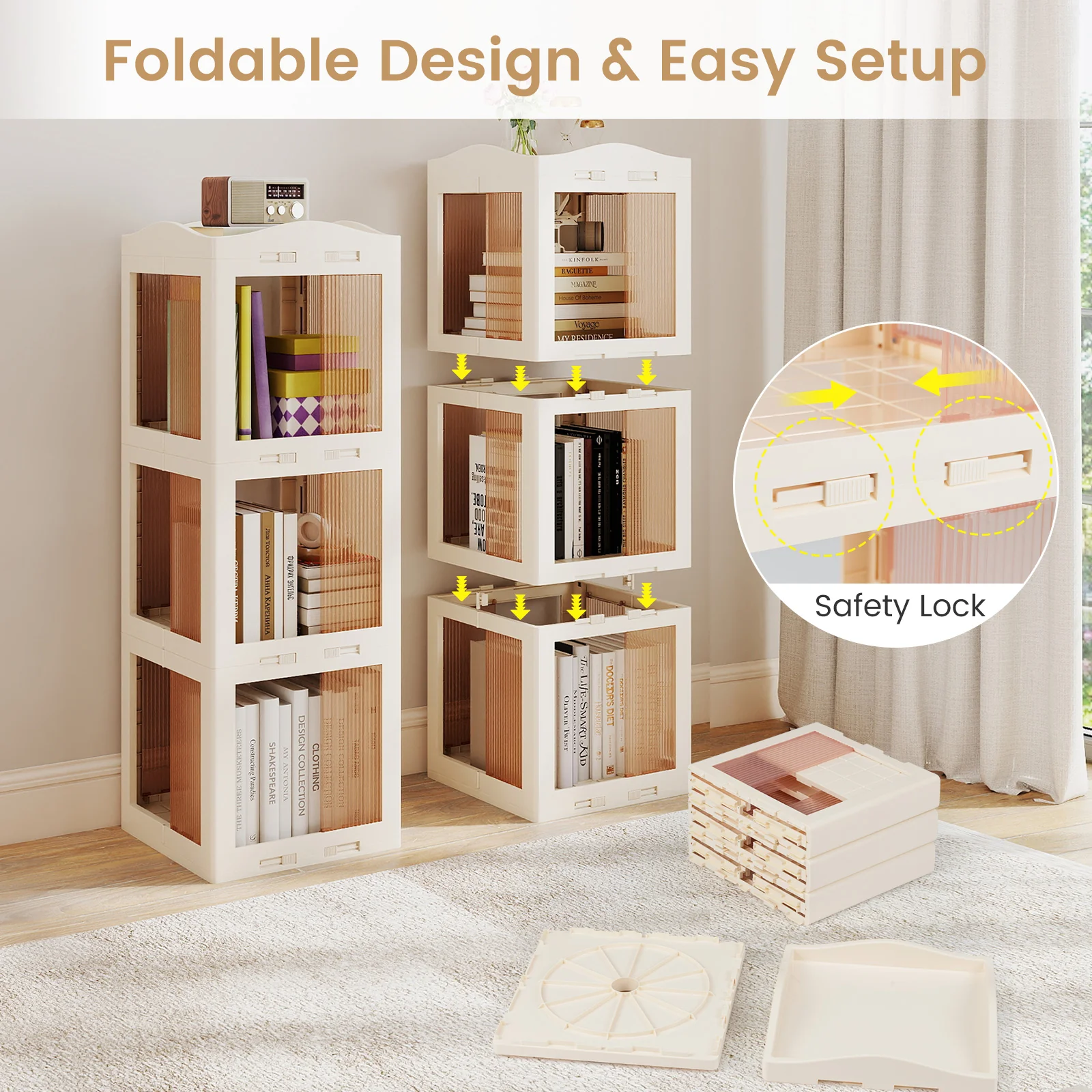 3-Tier Foldable Rotating Bookshelf with Swivel Base and Translucent Panels, White - Image 10
