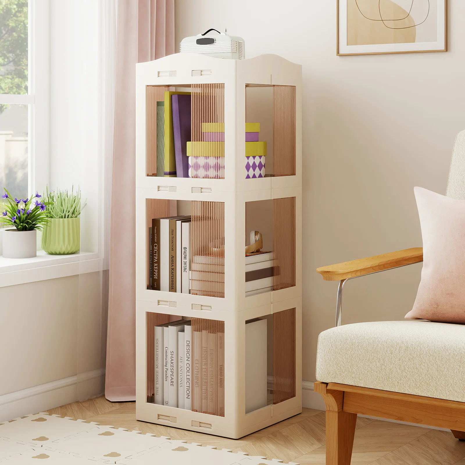 3-Tier Foldable Rotating Bookshelf with Swivel Base and Translucent Panels, White - Image 2