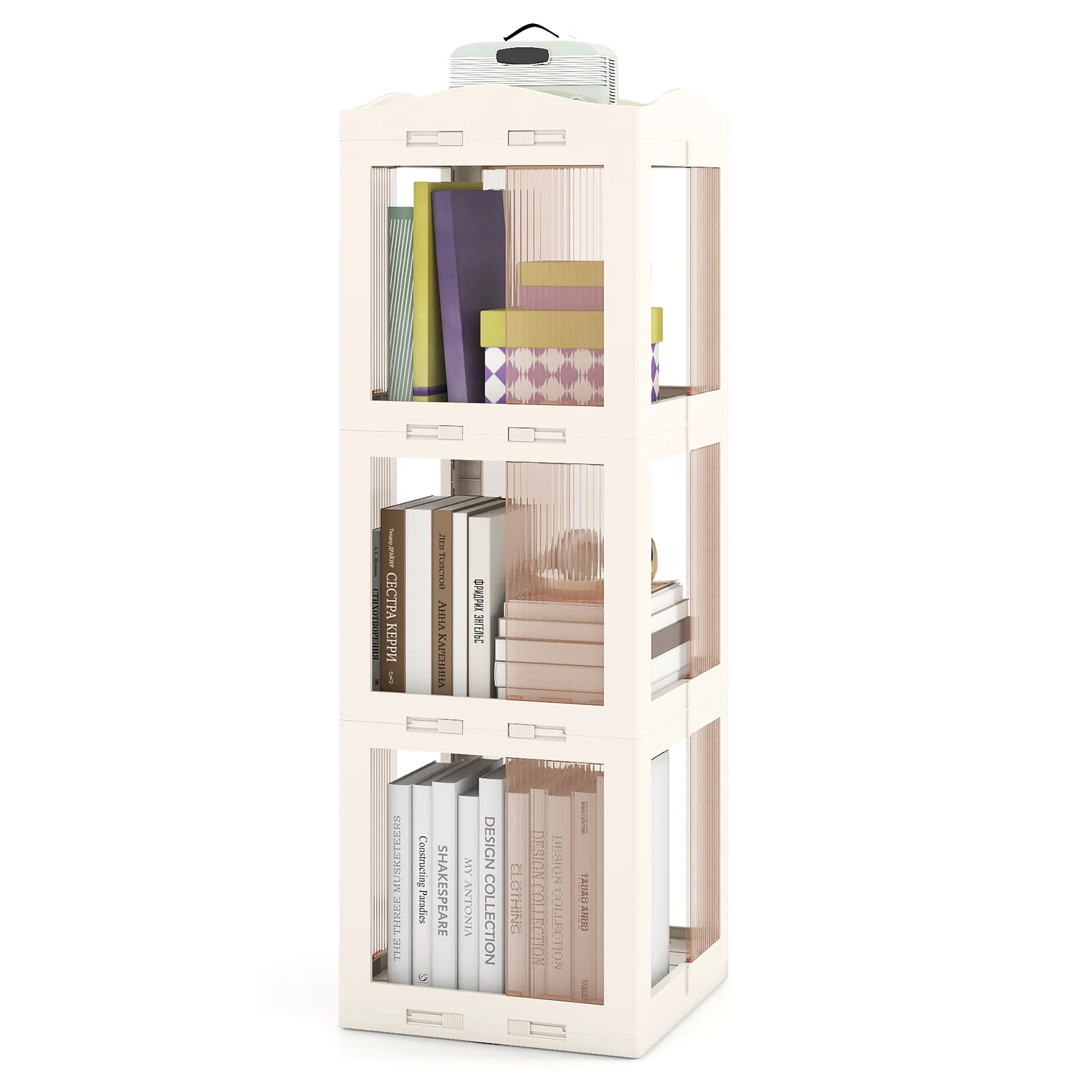 3-Tier Foldable Rotating Bookshelf with Swivel Base and Translucent Panels, White - Image 5