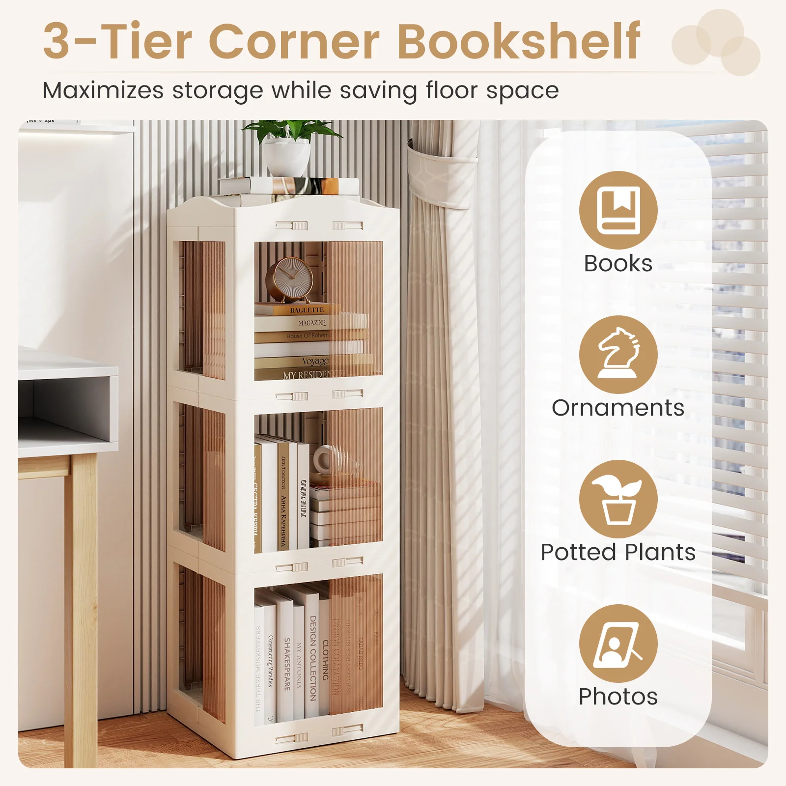 3-Tier Foldable Rotating Bookshelf with Swivel Base and Translucent Panels, White - Image 8
