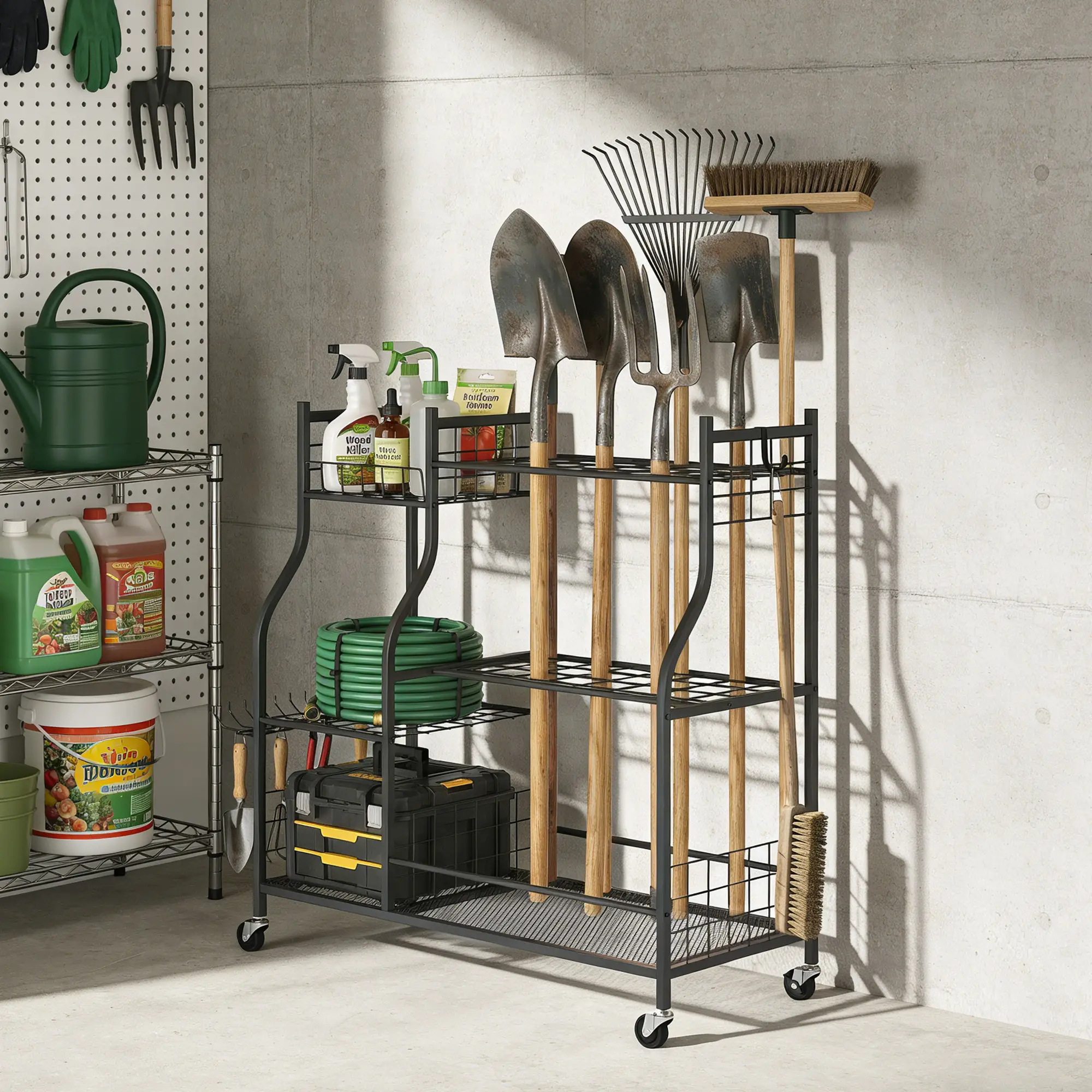 3-Tier Garden Tool Organizer, 74 Slots, 4 Wheels, 11 Hooks - Image 10