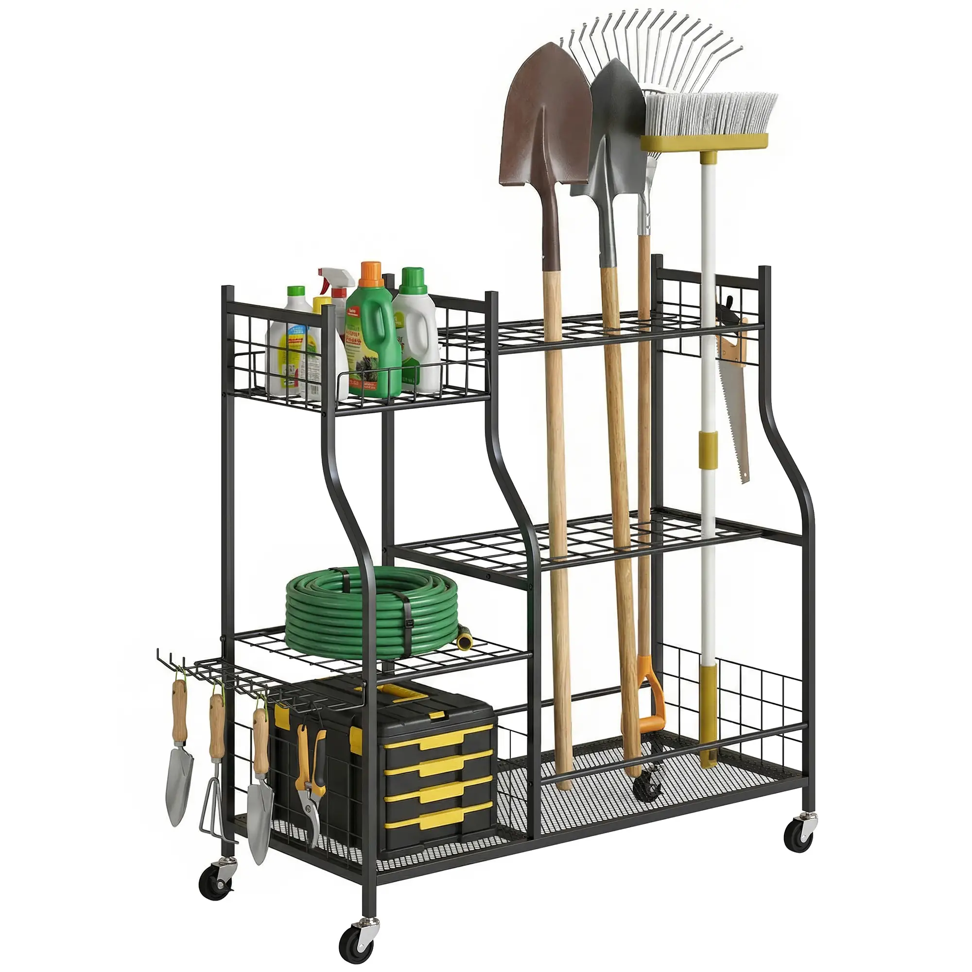 3-Tier Garden Tool Organizer, 74 Slots, 4 Wheels, 11 Hooks - Image 11
