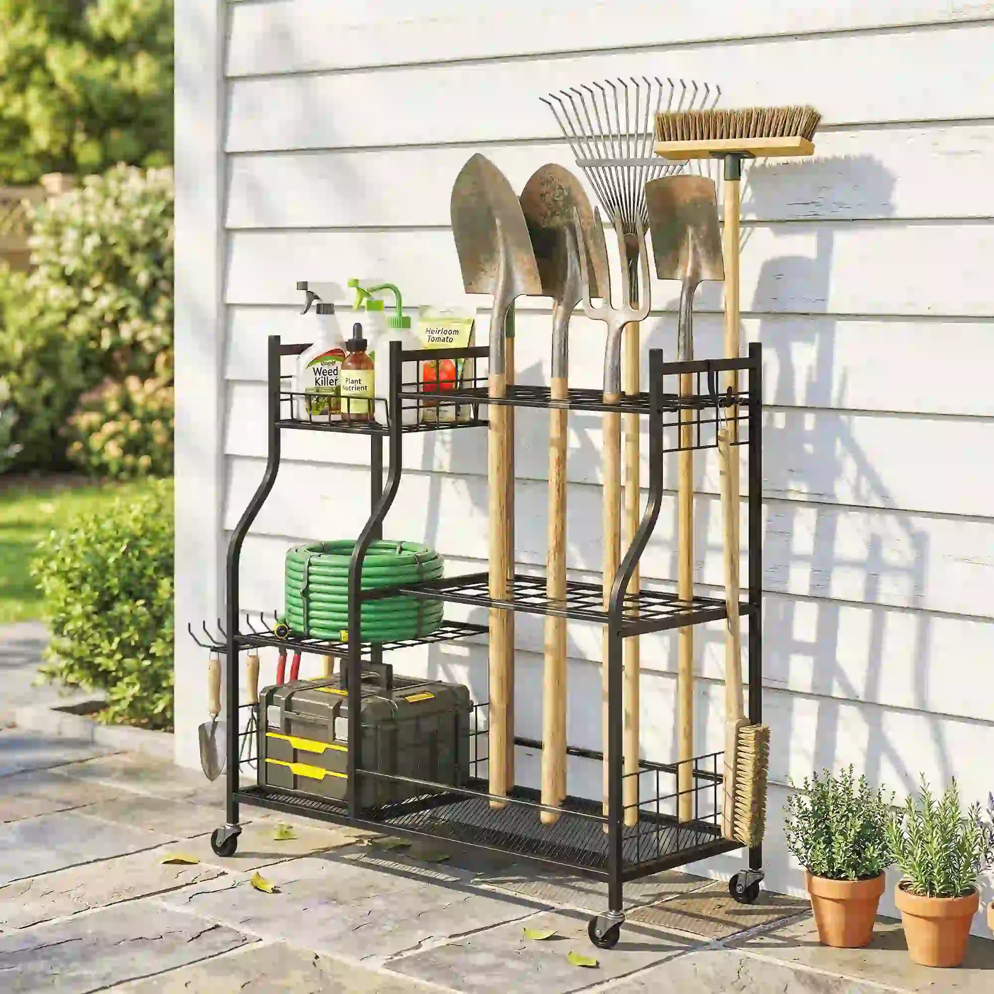 3-Tier Garden Tool Organizer, 74 Slots, 4 Wheels, 11 Hooks - Image 2