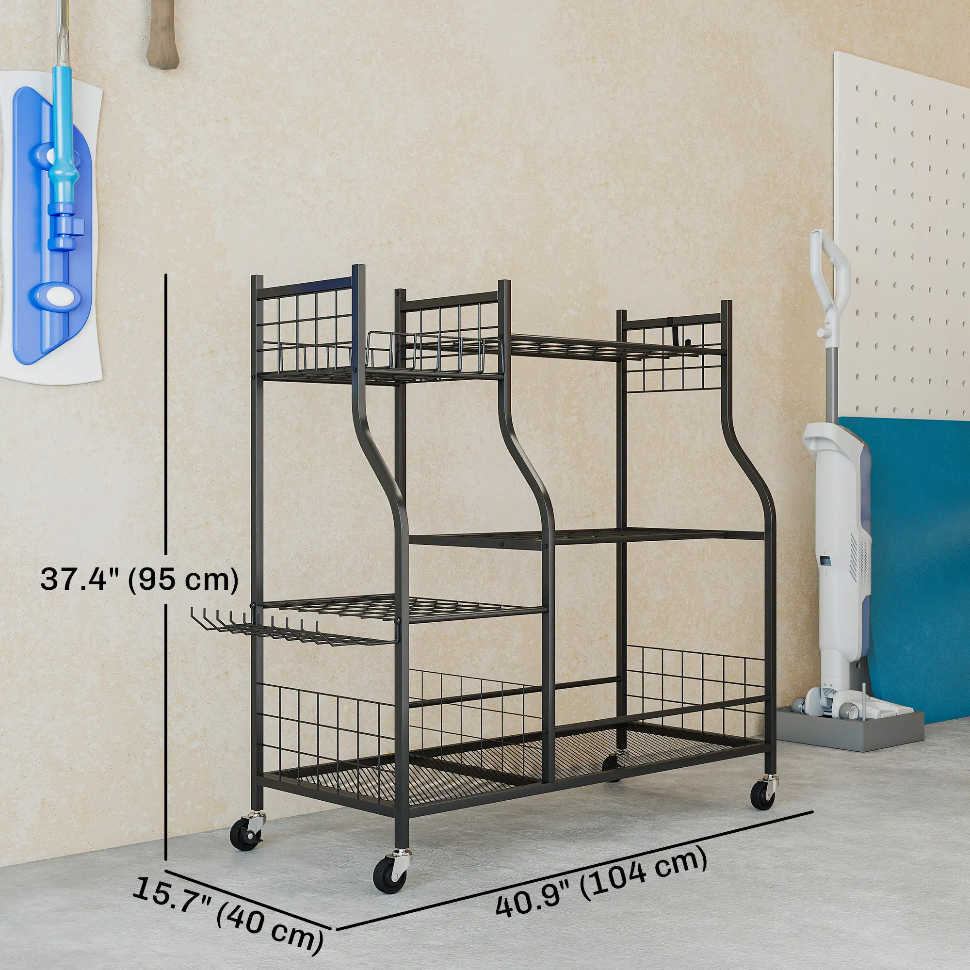 3-Tier Garden Tool Organizer, 74 Slots, 4 Wheels, 11 Hooks - Image 3