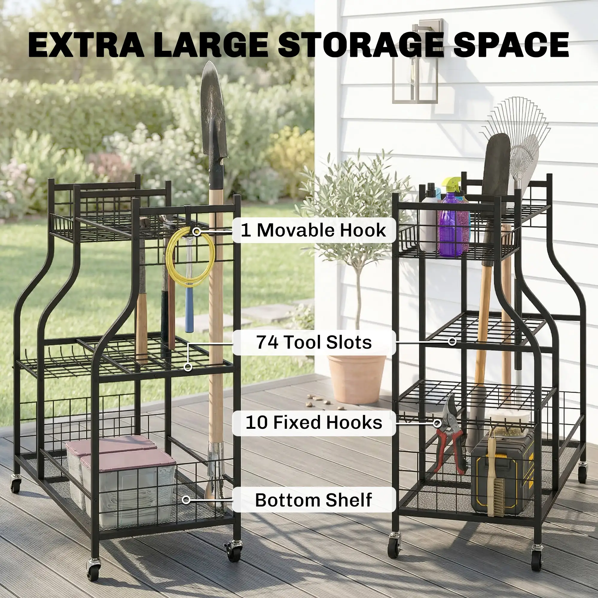 3-Tier Garden Tool Organizer, 74 Slots, 4 Wheels, 11 Hooks - Image 4