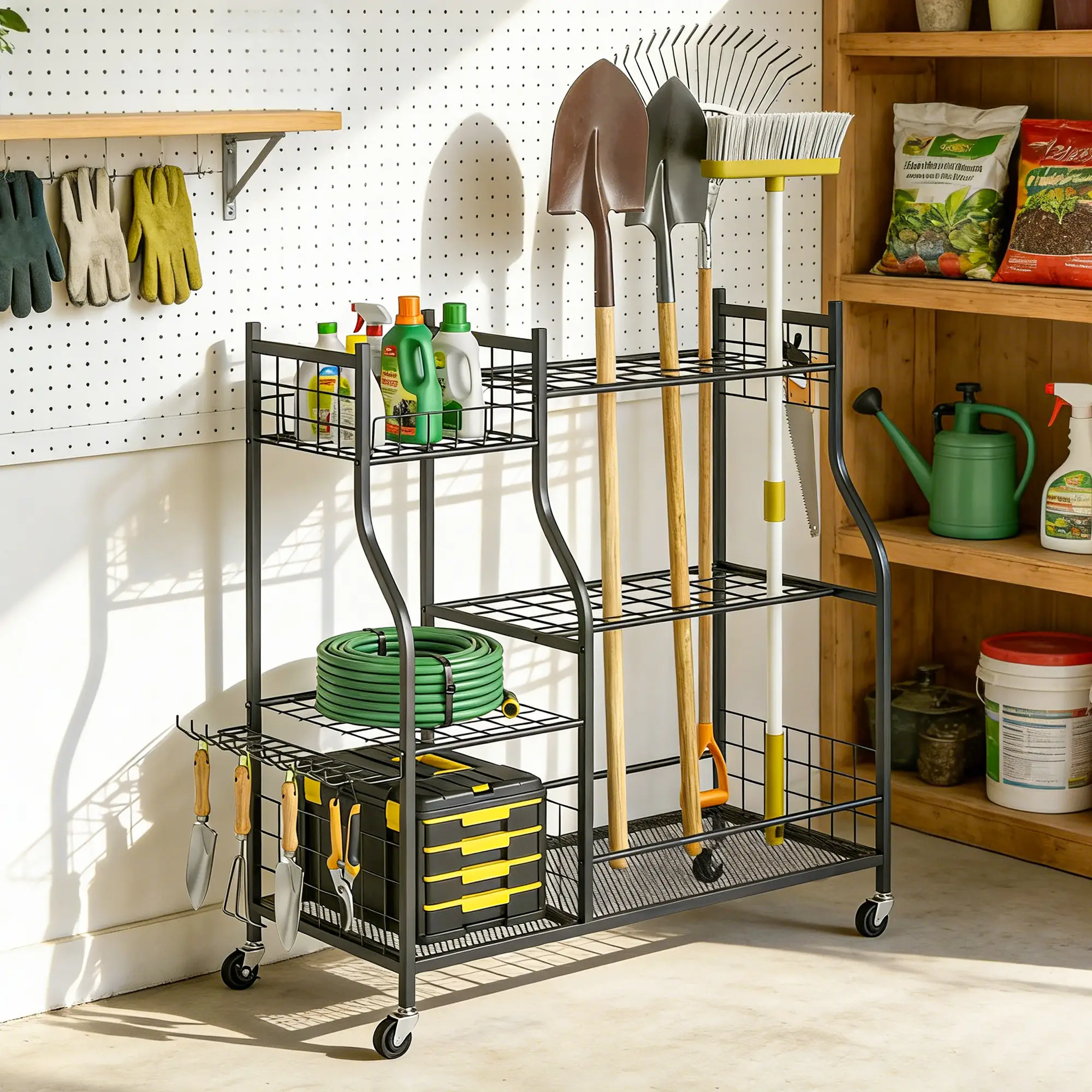 3-Tier Garden Tool Organizer, 74 Slots, 4 Wheels, 11 Hooks - Image 8
