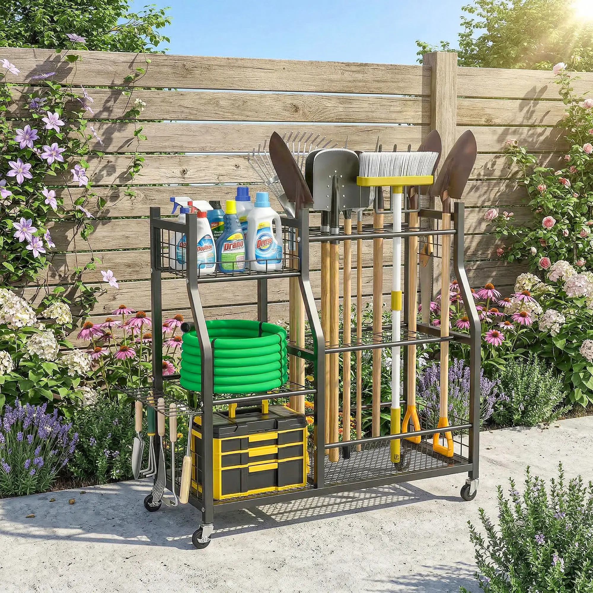 3-Tier Garden Tool Organizer, 74 Slots, 4 Wheels, 11 Hooks - Image 9