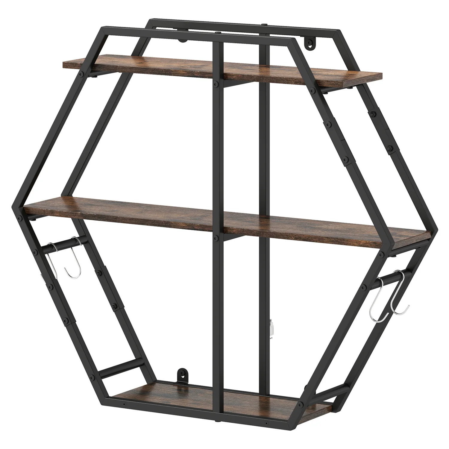 3-Tier Geometric Bookcase With S-Shaped Hooks, Rustic Brown