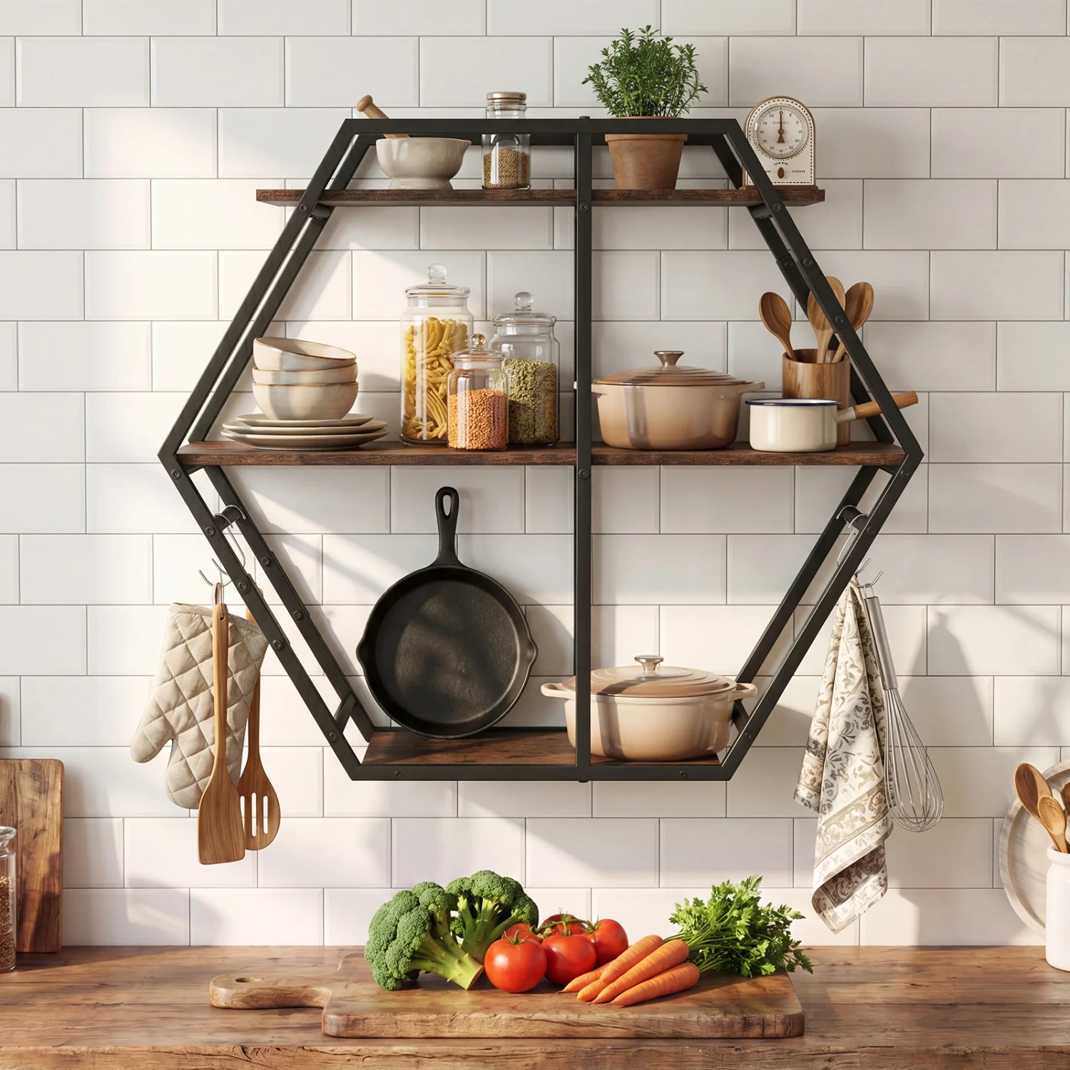3-Tier Geometric Bookcase With S-Shaped Hooks, Rustic Brown - Image 2