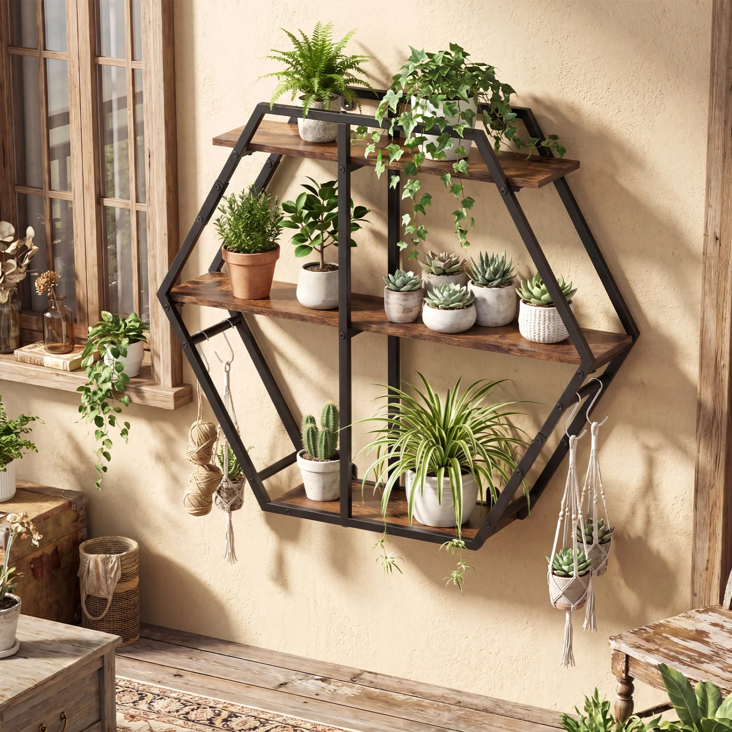 3-Tier Geometric Bookcase With S-Shaped Hooks, Rustic Brown - Image 3