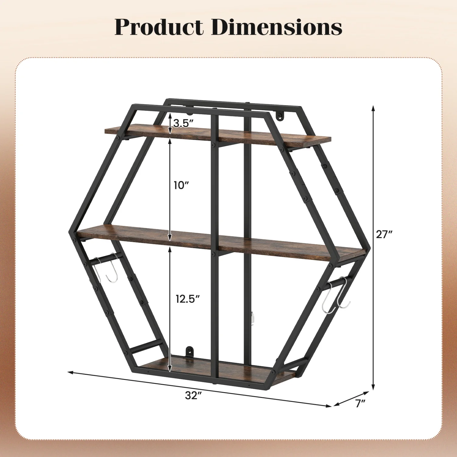 3-Tier Geometric Bookcase With S-Shaped Hooks, Rustic Brown - Image 4