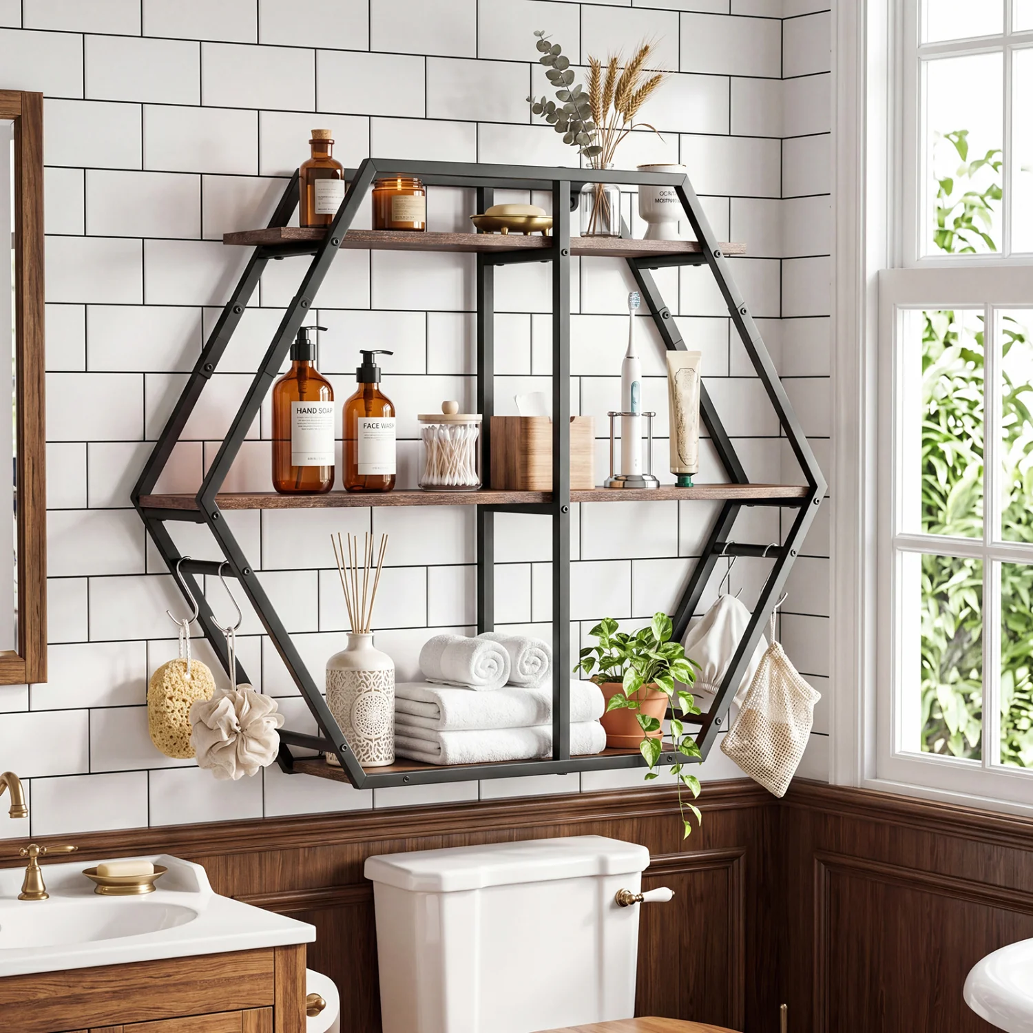 3-Tier Geometric Bookcase With S-Shaped Hooks, Rustic Brown - Image 5