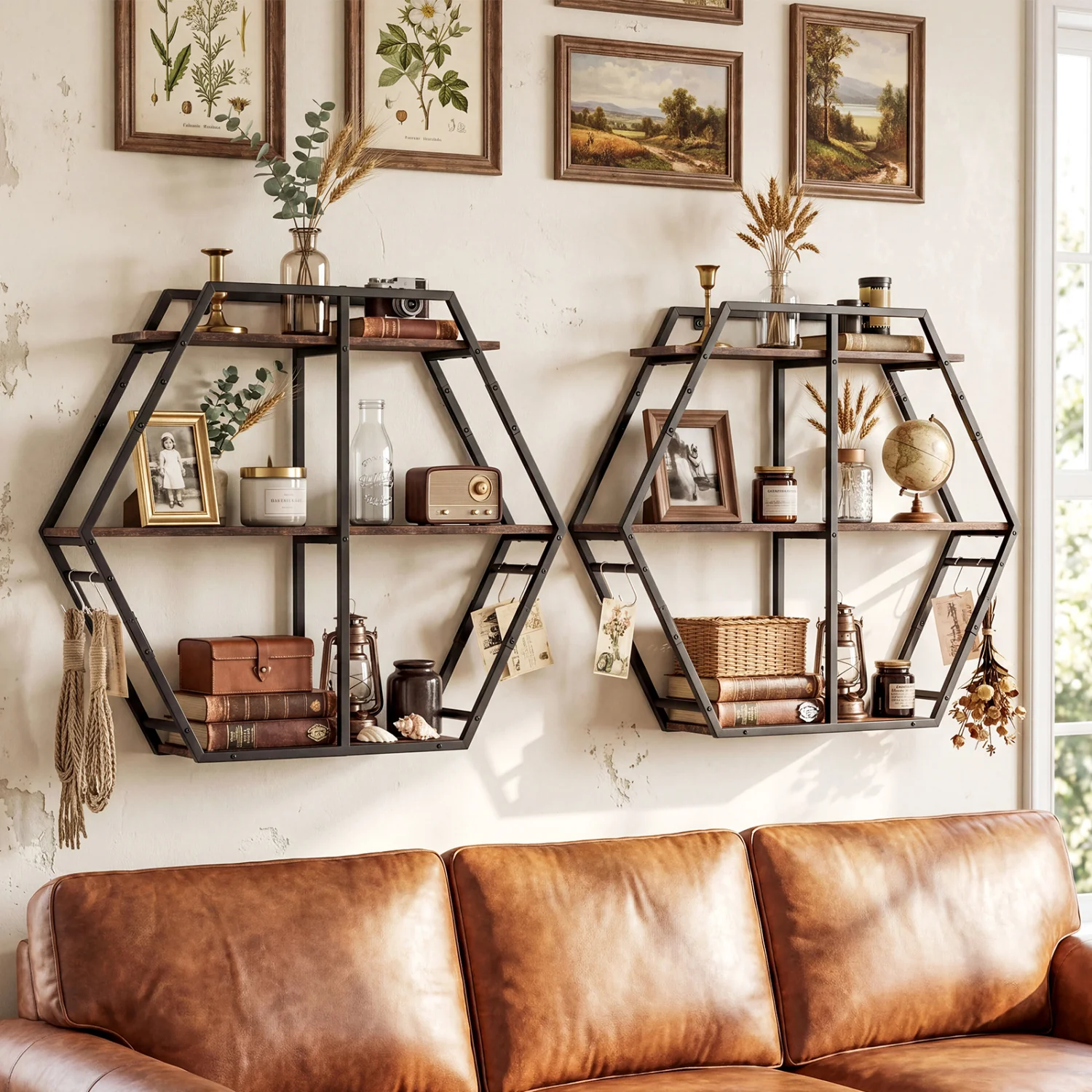 3-Tier Geometric Bookcase With S-Shaped Hooks, Rustic Brown - Image 6