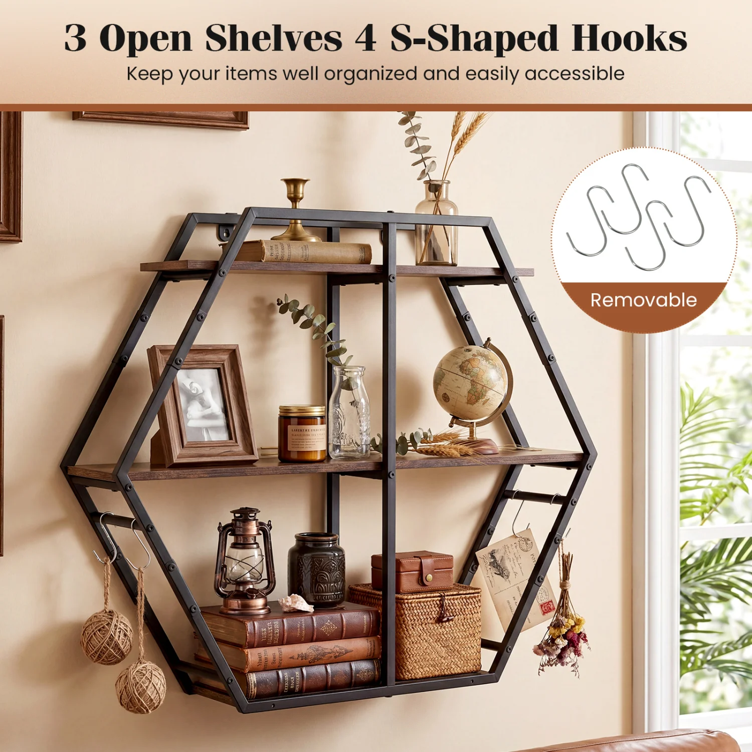 3-Tier Geometric Bookcase With S-Shaped Hooks, Rustic Brown - Image 7