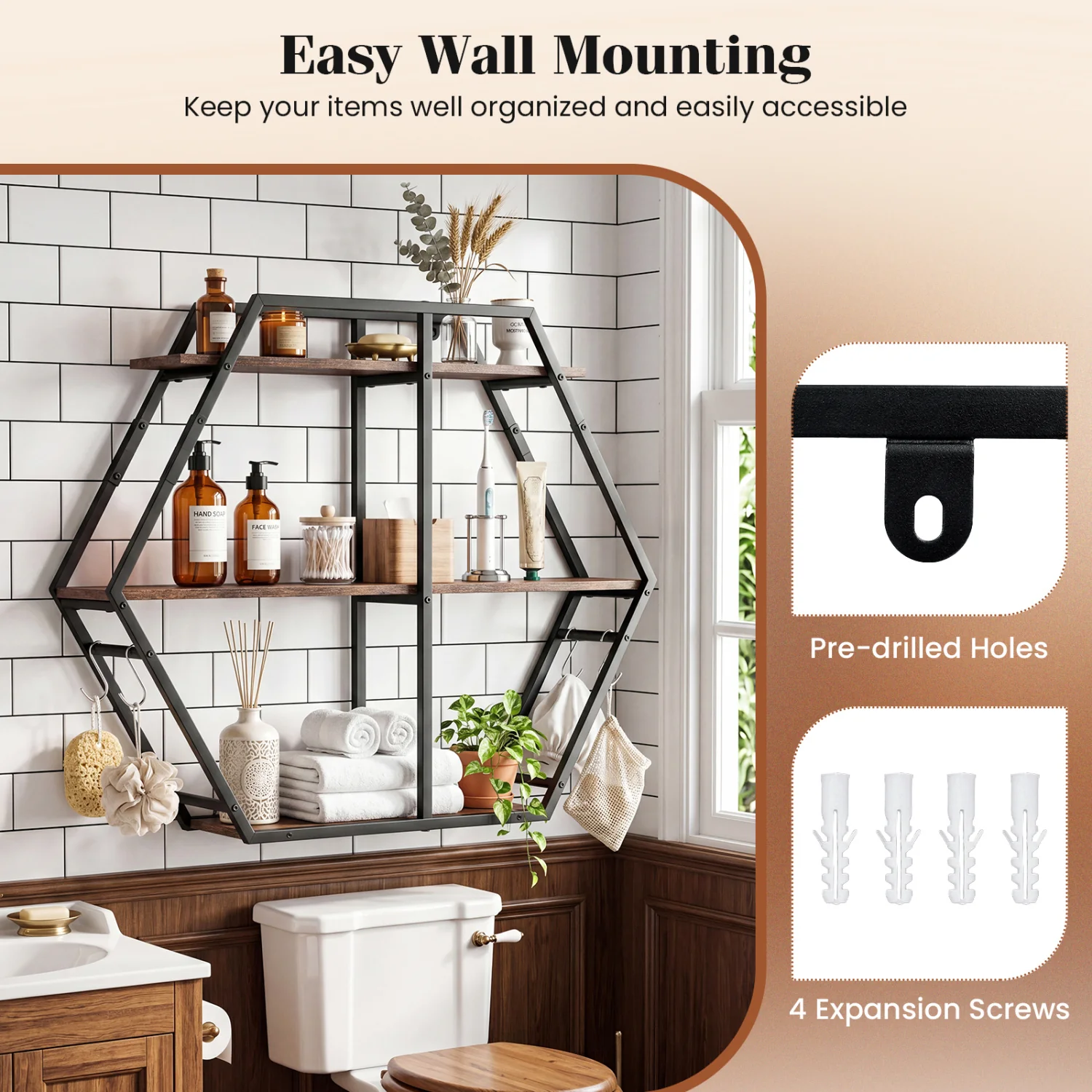 3-Tier Geometric Bookcase With S-Shaped Hooks, Rustic Brown - Image 8