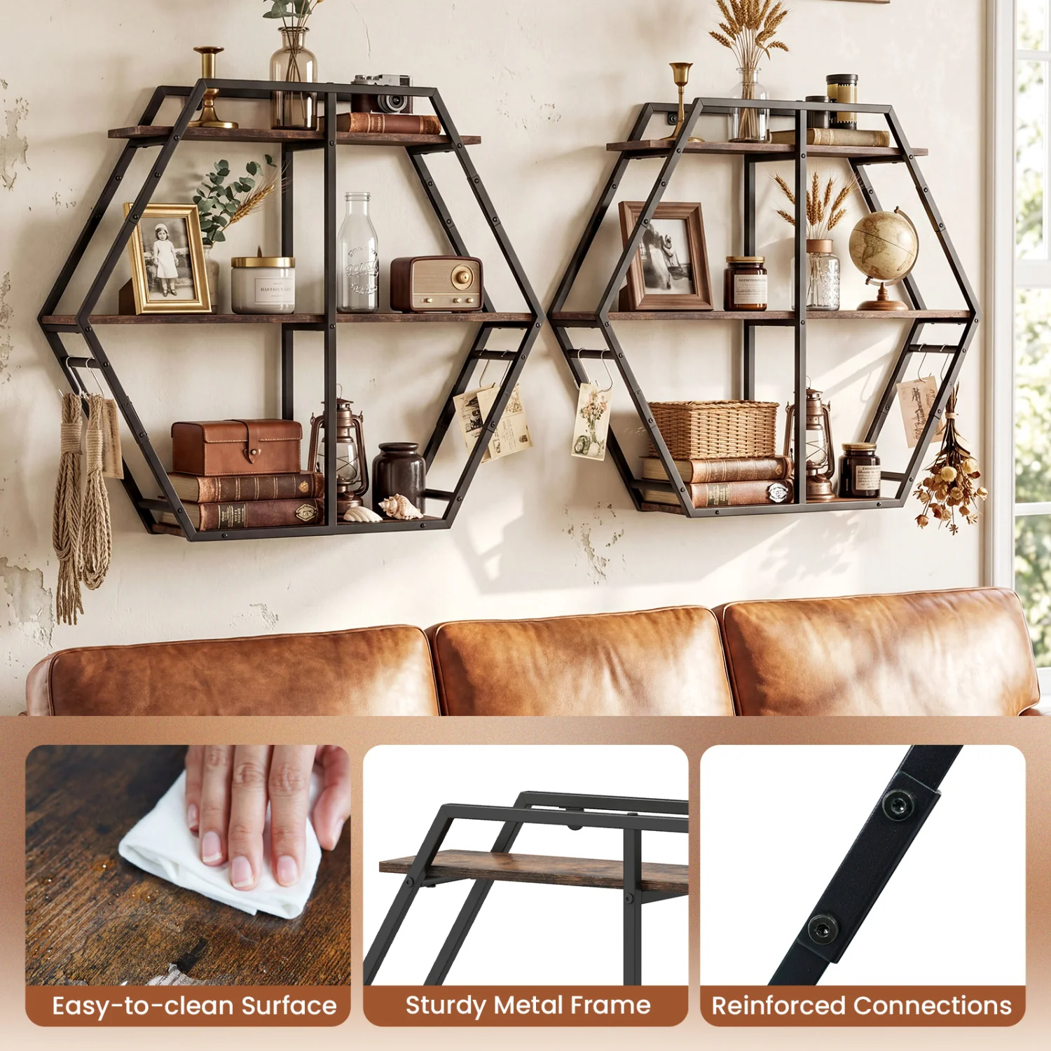 3-Tier Geometric Bookcase With S-Shaped Hooks, Rustic Brown - Image 9