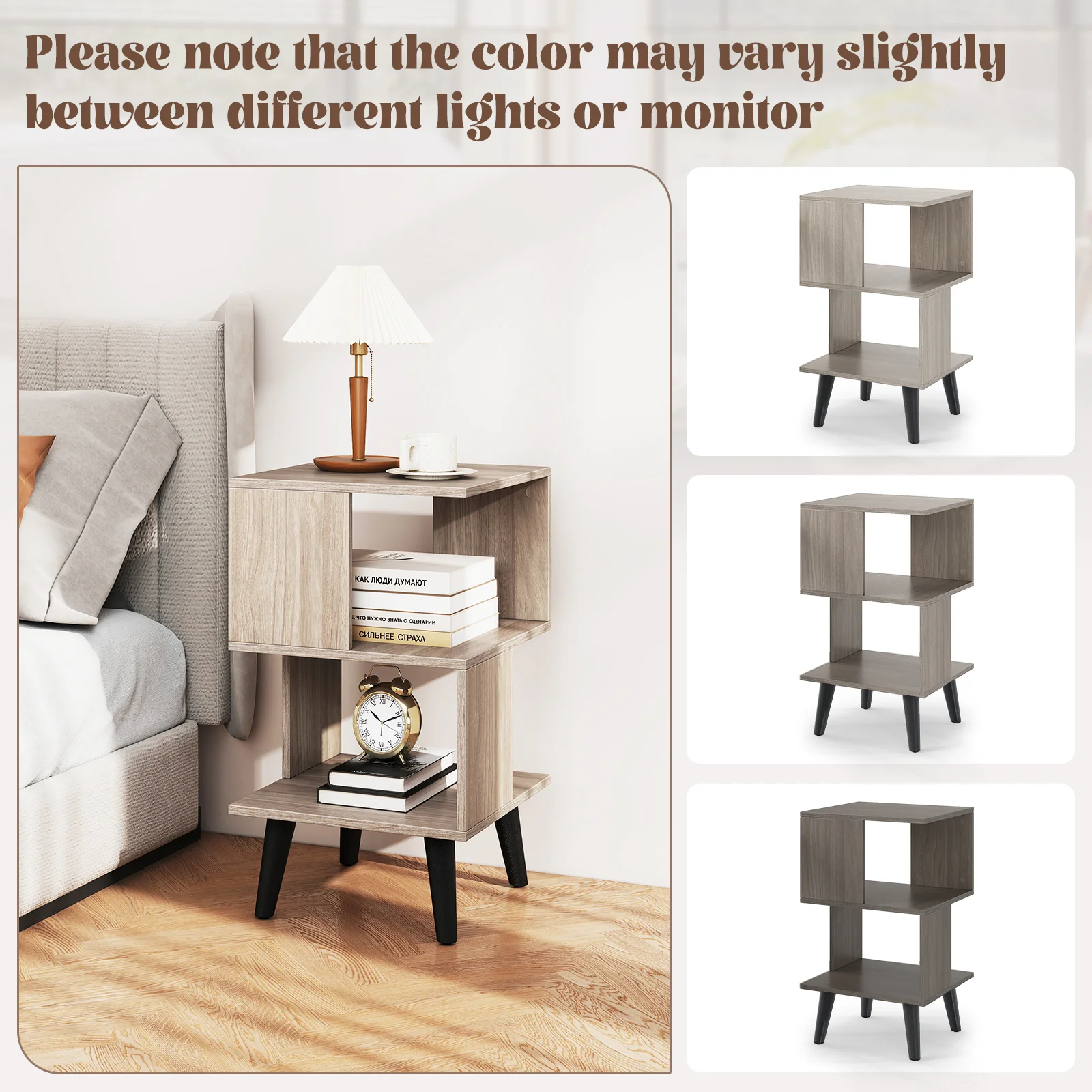 3-Tier Geometric Bookshelf Set Of 2, Open Storage Shelves, Gray - Image 10