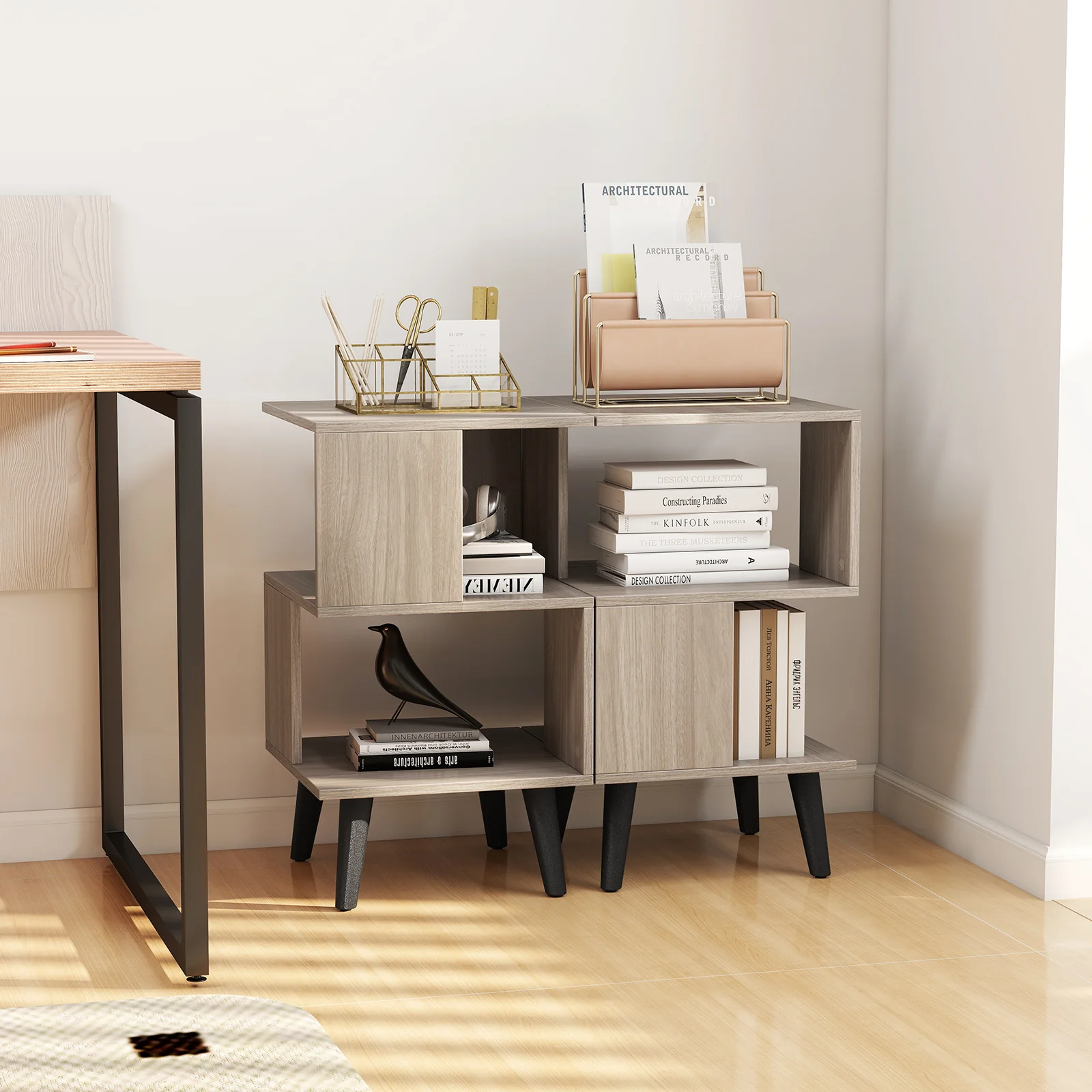 3-Tier Geometric Bookshelf Set Of 2, Open Storage Shelves, Gray - Image 2