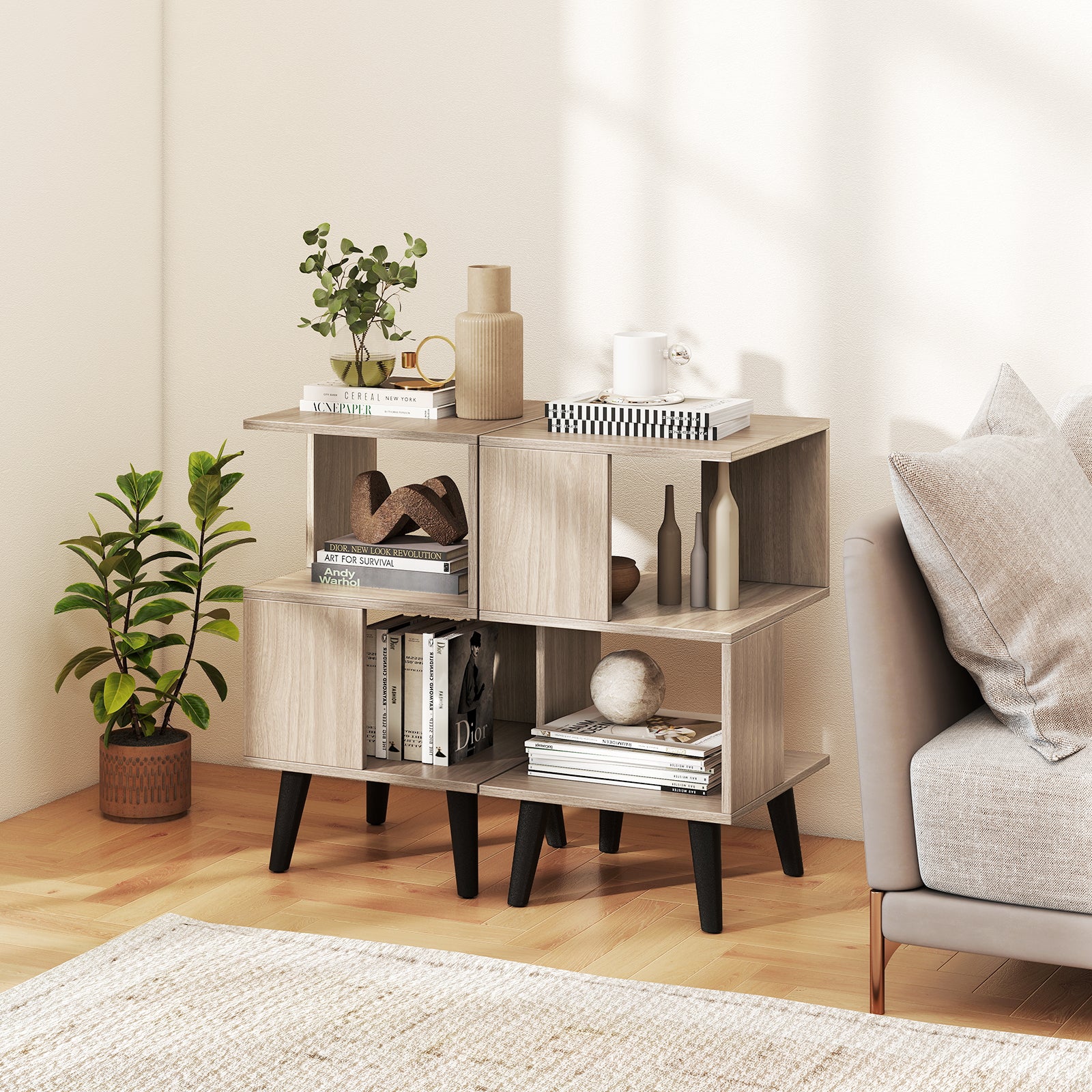 3-Tier Geometric Bookshelf Set Of 2, Open Storage Shelves, Gray - Image 3