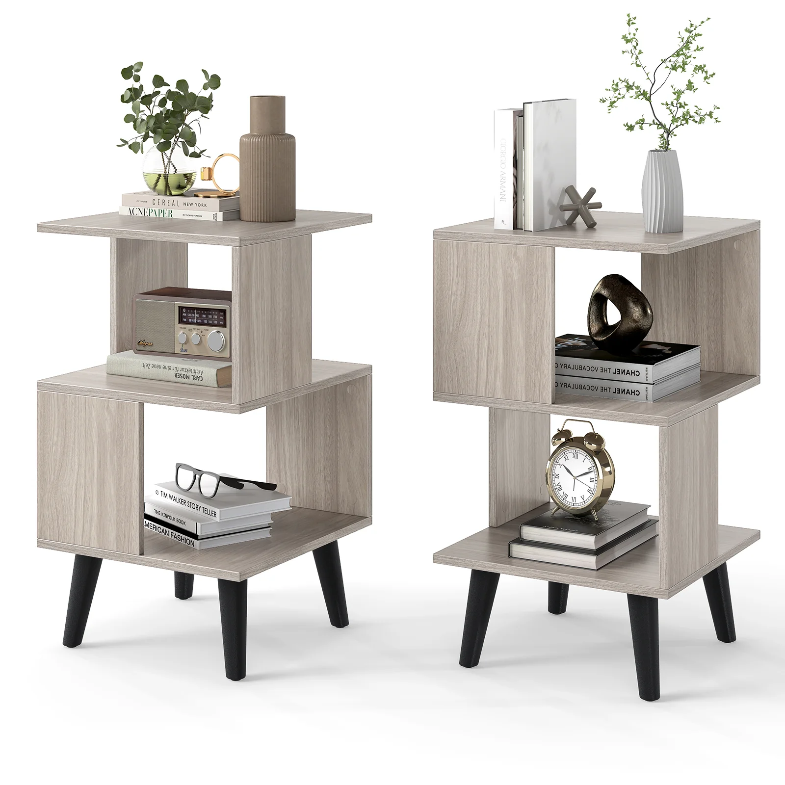 3-Tier Geometric Bookshelf Set Of 2, Open Storage Shelves, Gray - Image 4