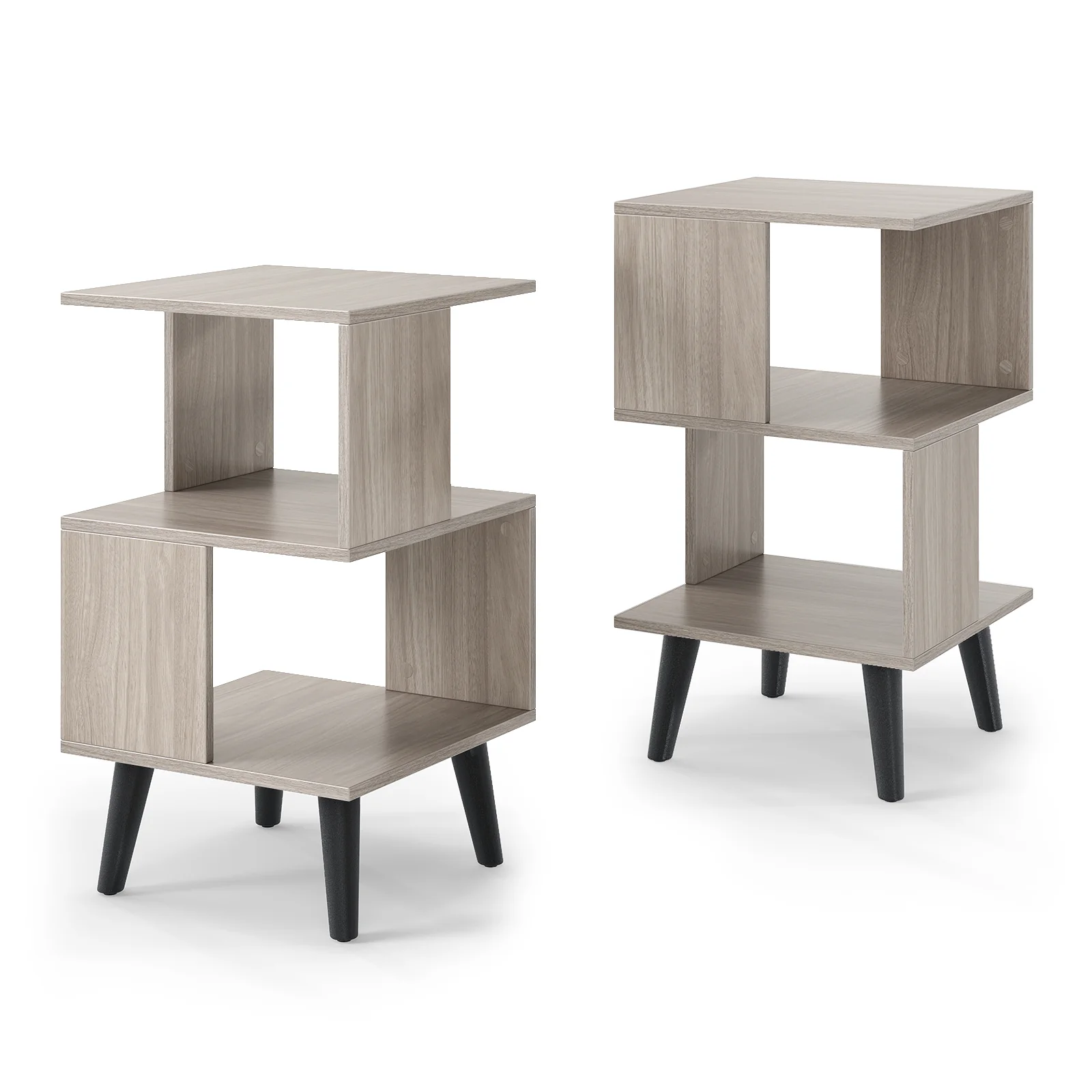 3-Tier Geometric Bookshelf Set Of 2, Open Storage Shelves, Gray - Image 5