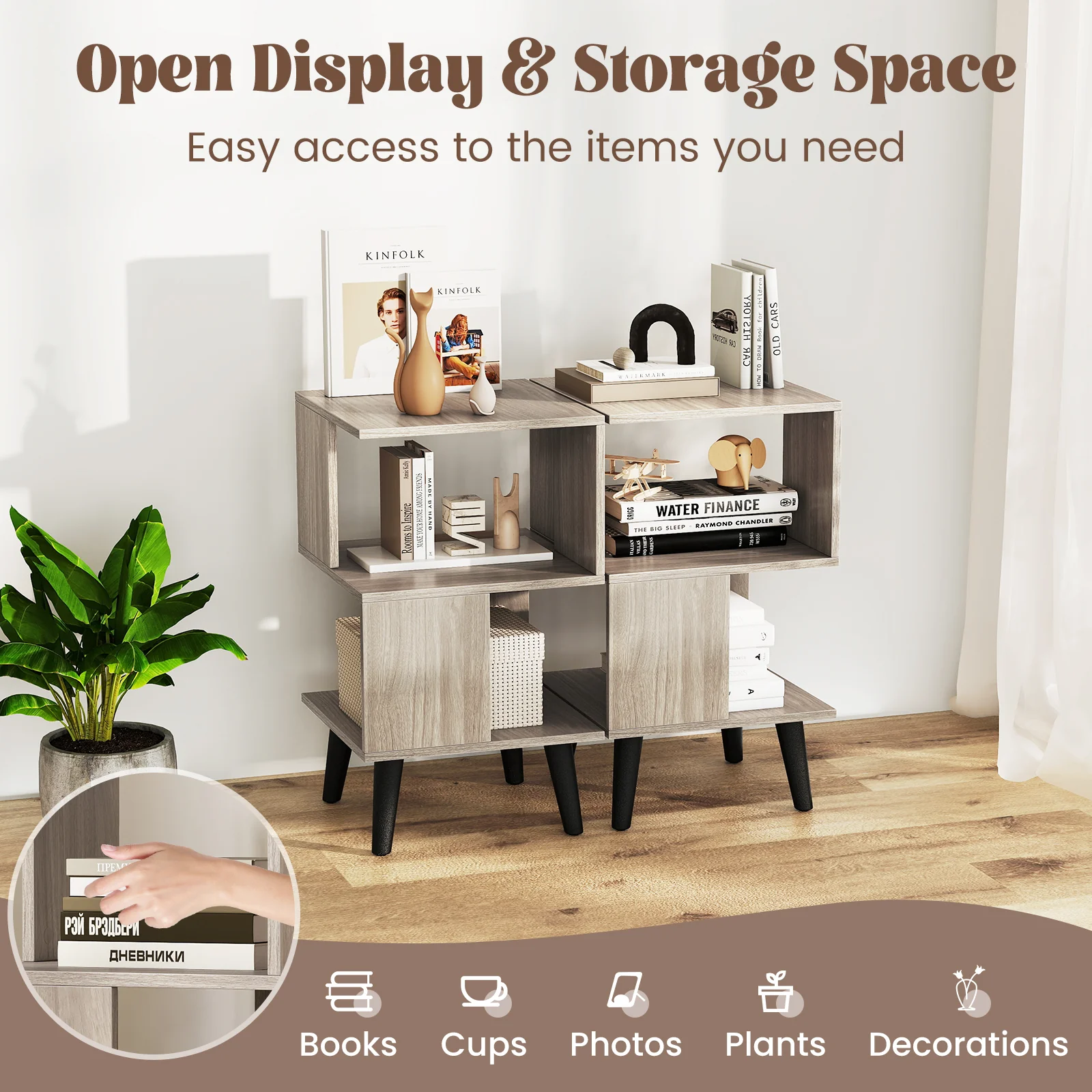 3-Tier Geometric Bookshelf Set Of 2, Open Storage Shelves, Gray - Image 7
