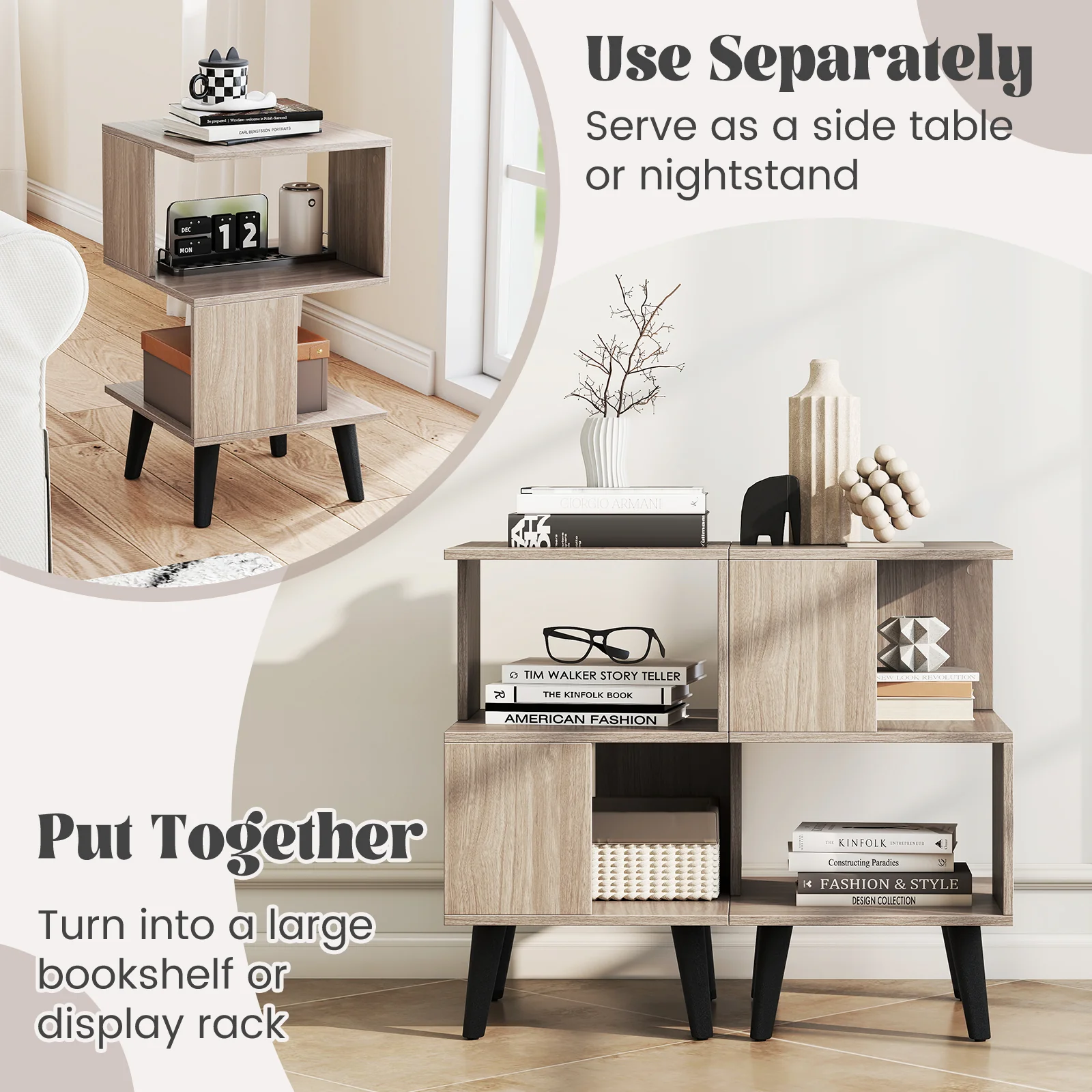 3-Tier Geometric Bookshelf Set Of 2, Open Storage Shelves, Gray - Image 8