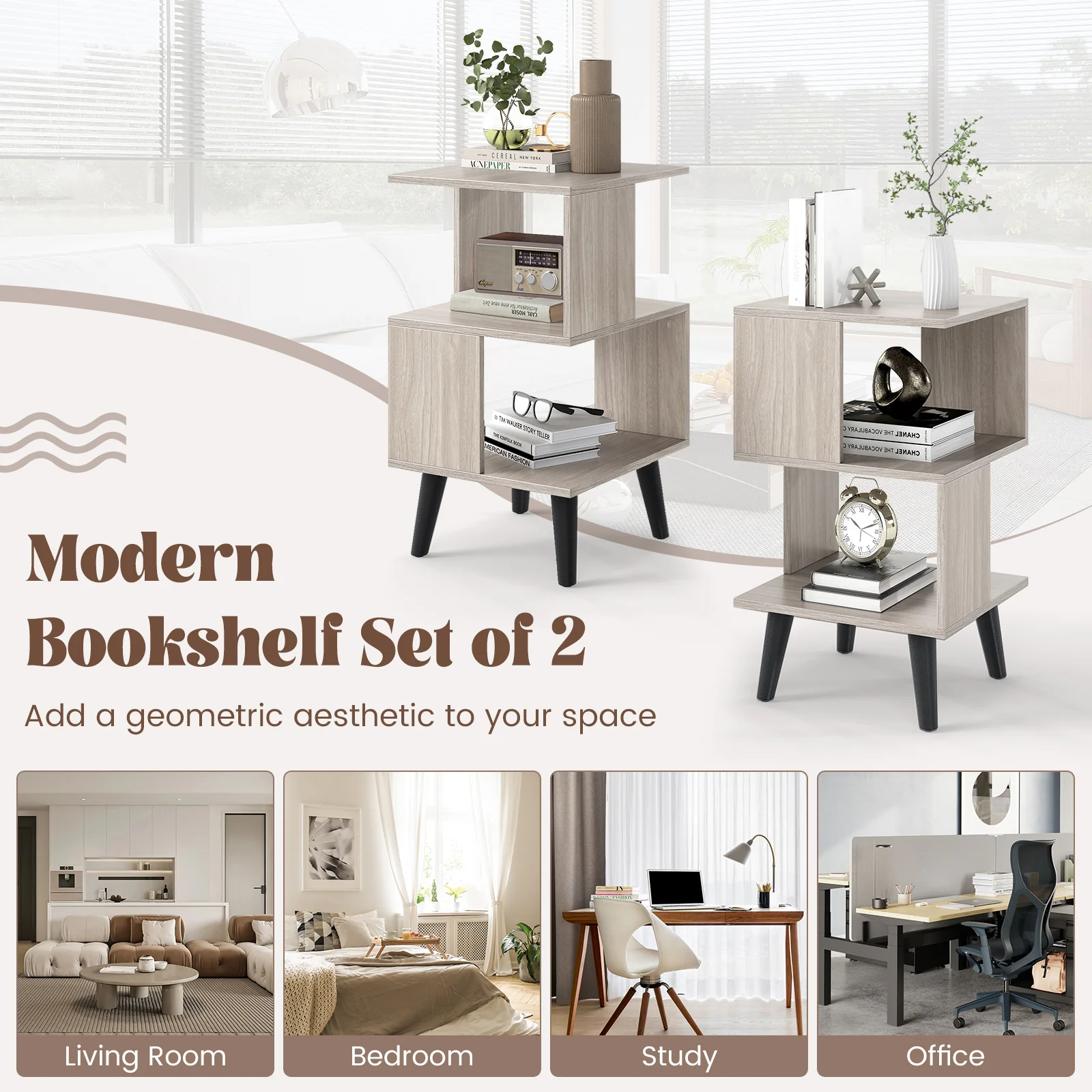 3-Tier Geometric Bookshelf Set Of 2, Open Storage Shelves, Gray - Image 9