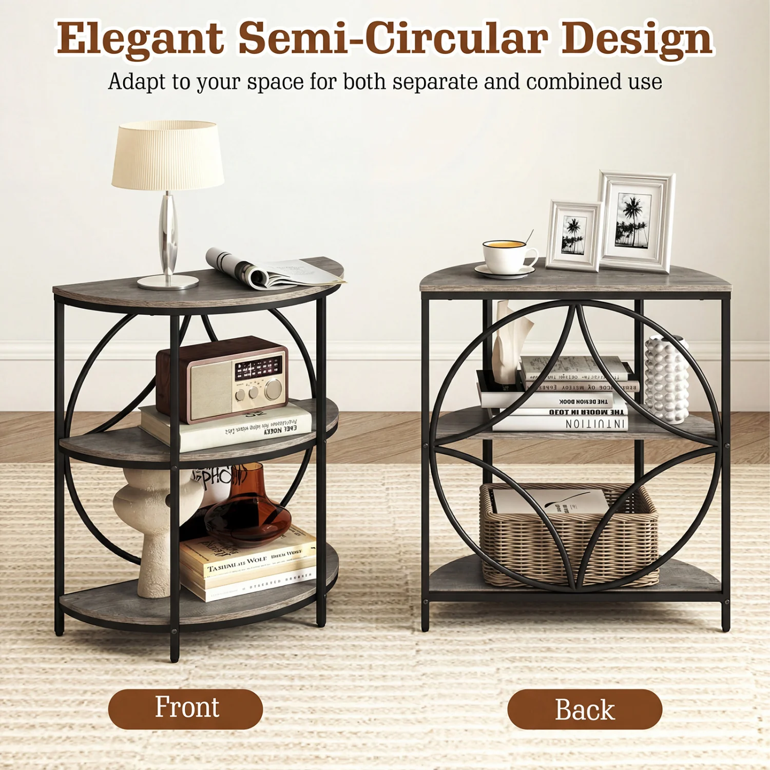 3-Tier Half Round End Table, Metal Frame, Gray - Image 10