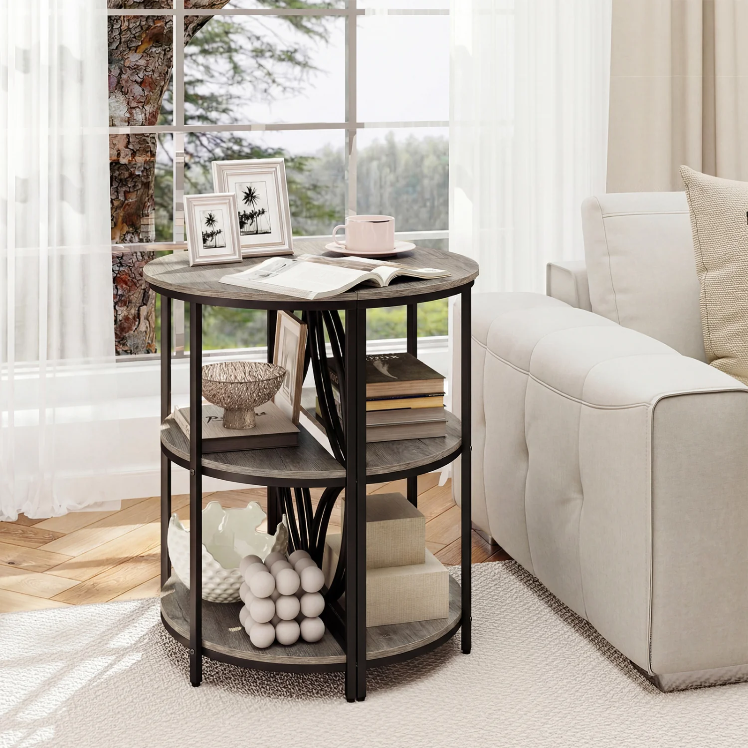 3-Tier Half Round End Table, Metal Frame, Gray - Image 3
