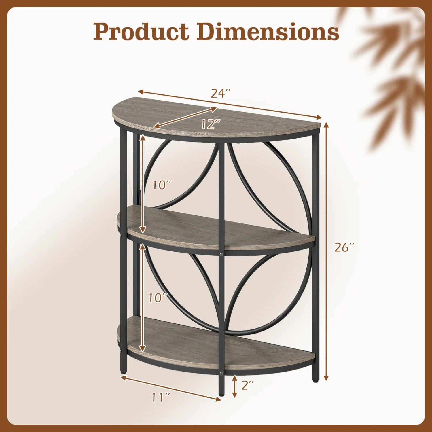 3-Tier Half Round End Table, Metal Frame, Gray - Image 6