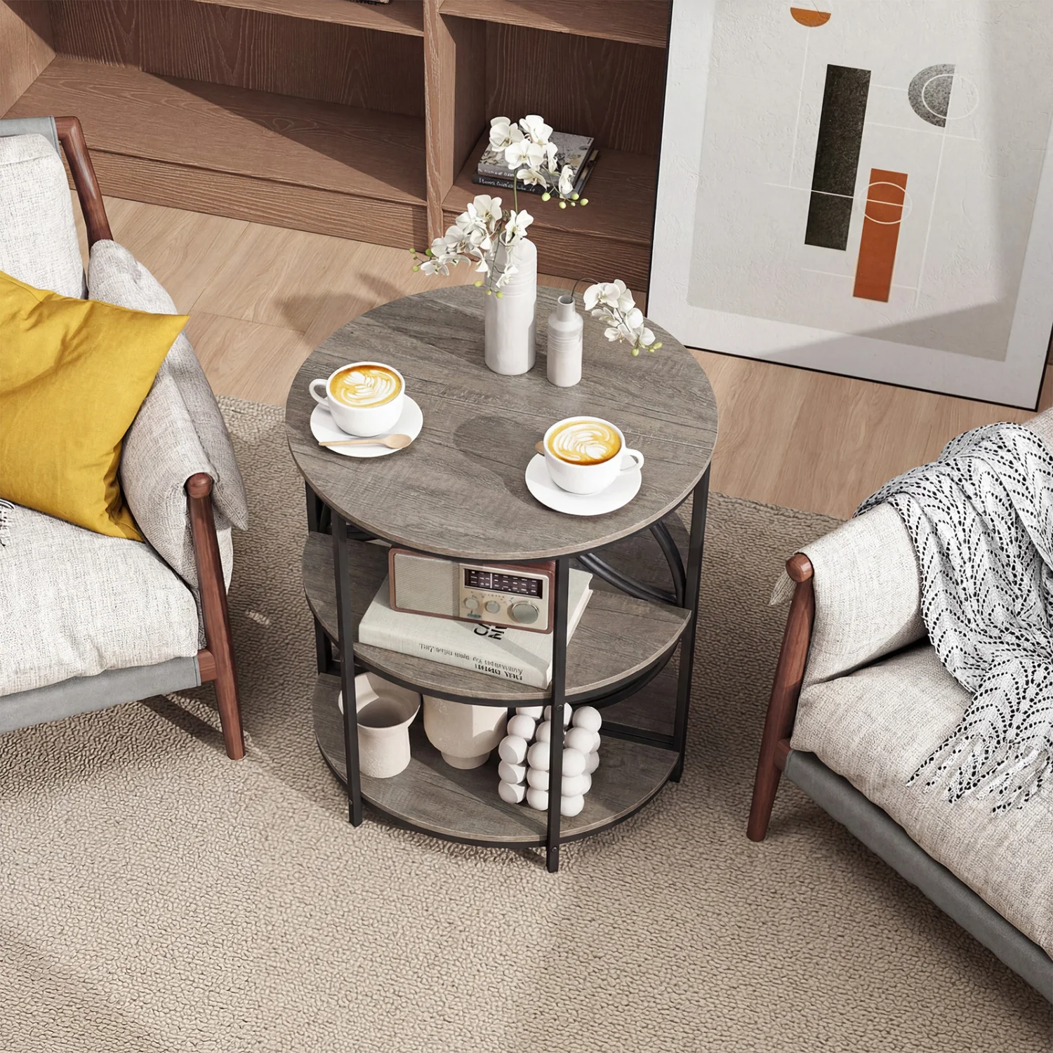 3-Tier Half Round End Table, Metal Frame, Gray - Image 8
