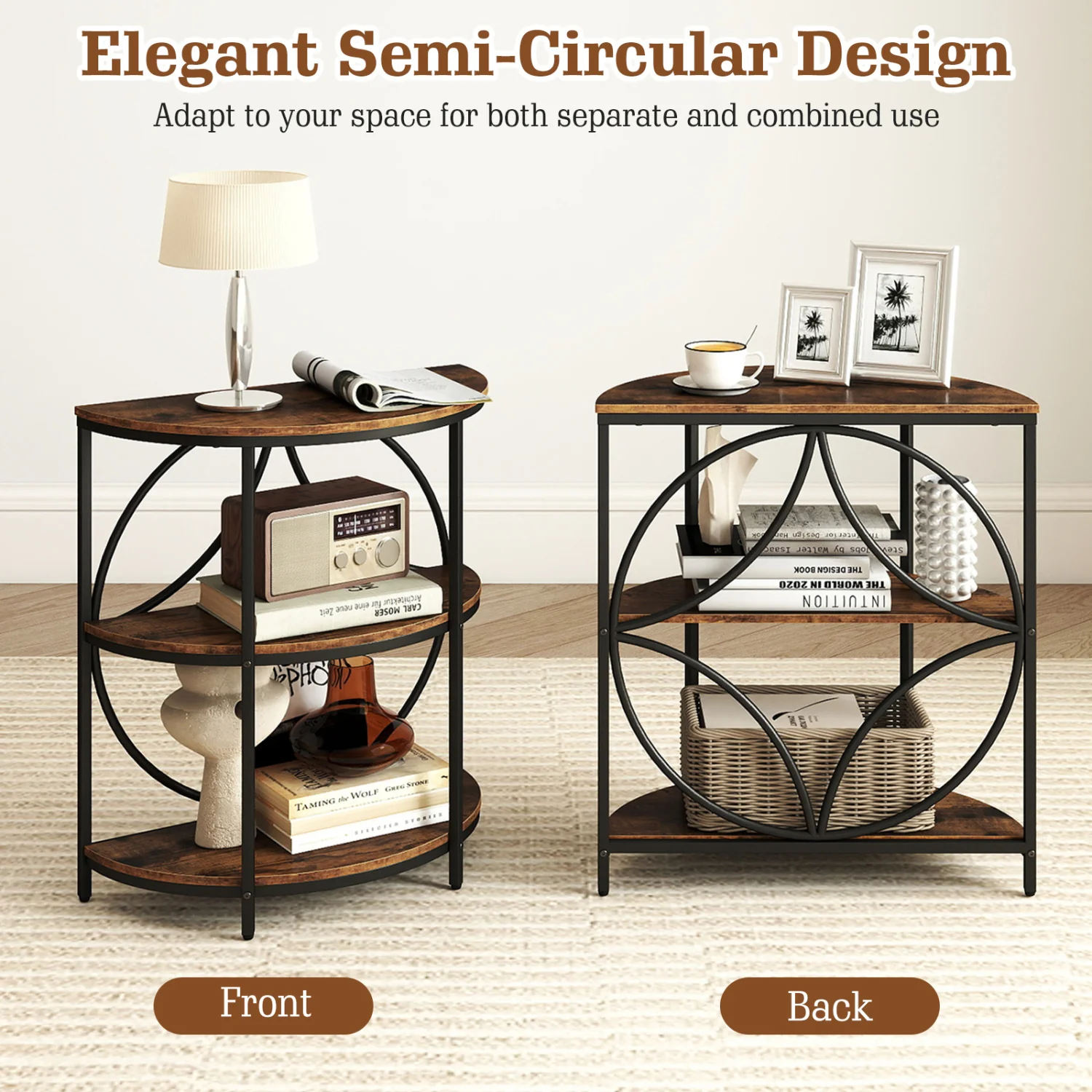 3-Tier Half Round End Table, Study Metal Frame, Brown - Image 10