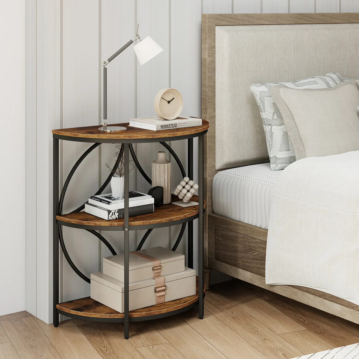 3-Tier Half Round End Table, Study Metal Frame, Brown - Image 2