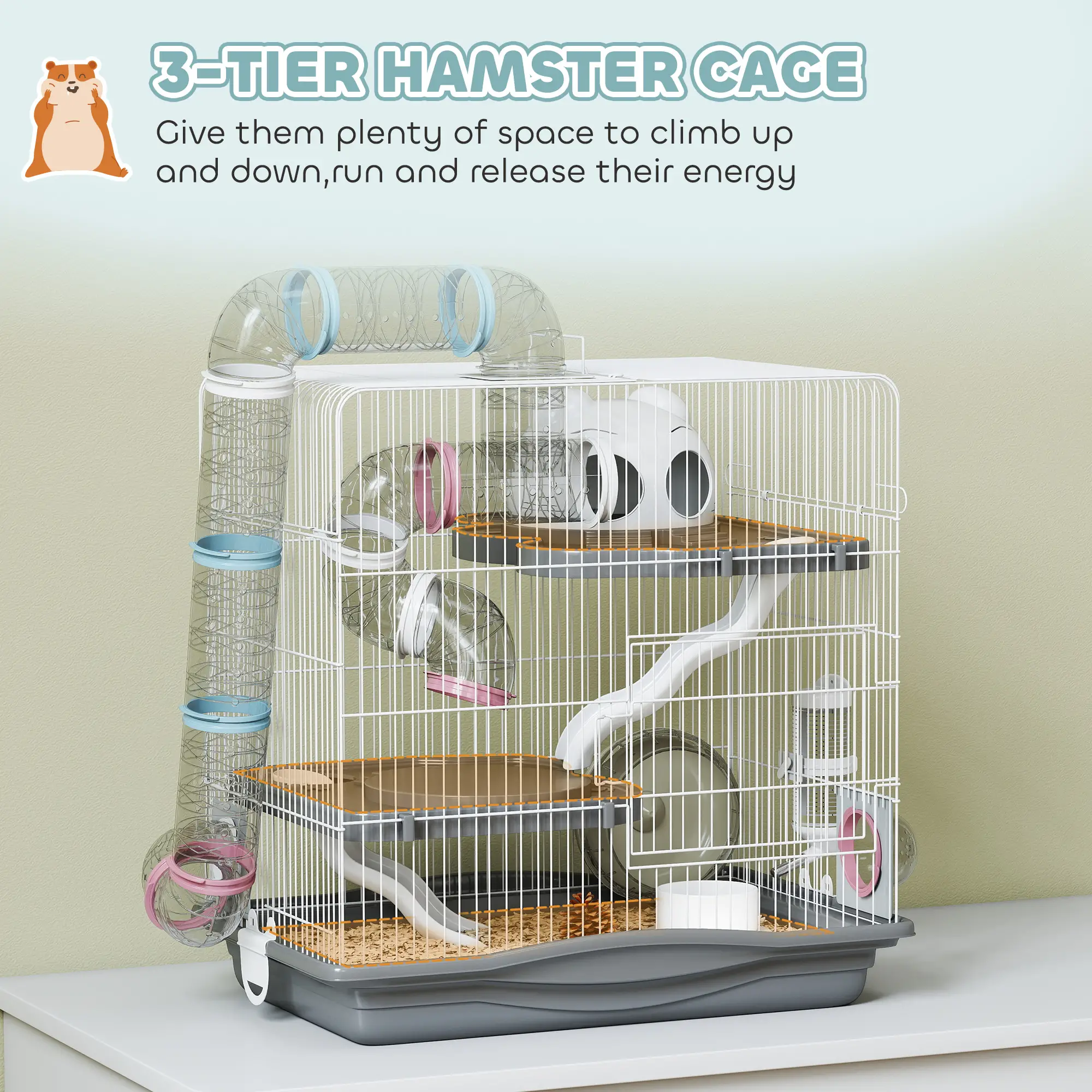 3-Tier Hamster Cage With Exercise Wheels, Grey - Image 4
