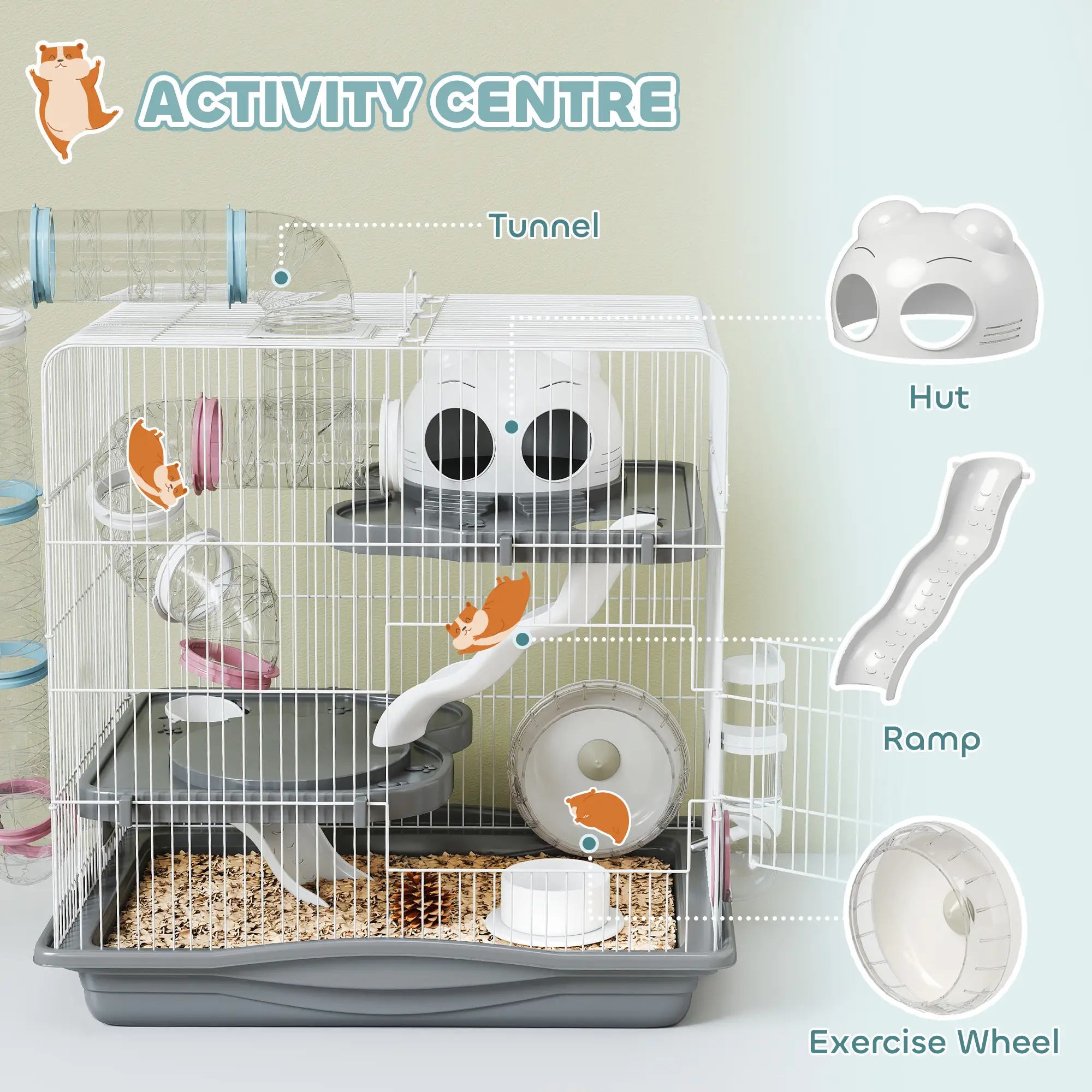 3-Tier Hamster Cage With Exercise Wheels, Grey - Image 5
