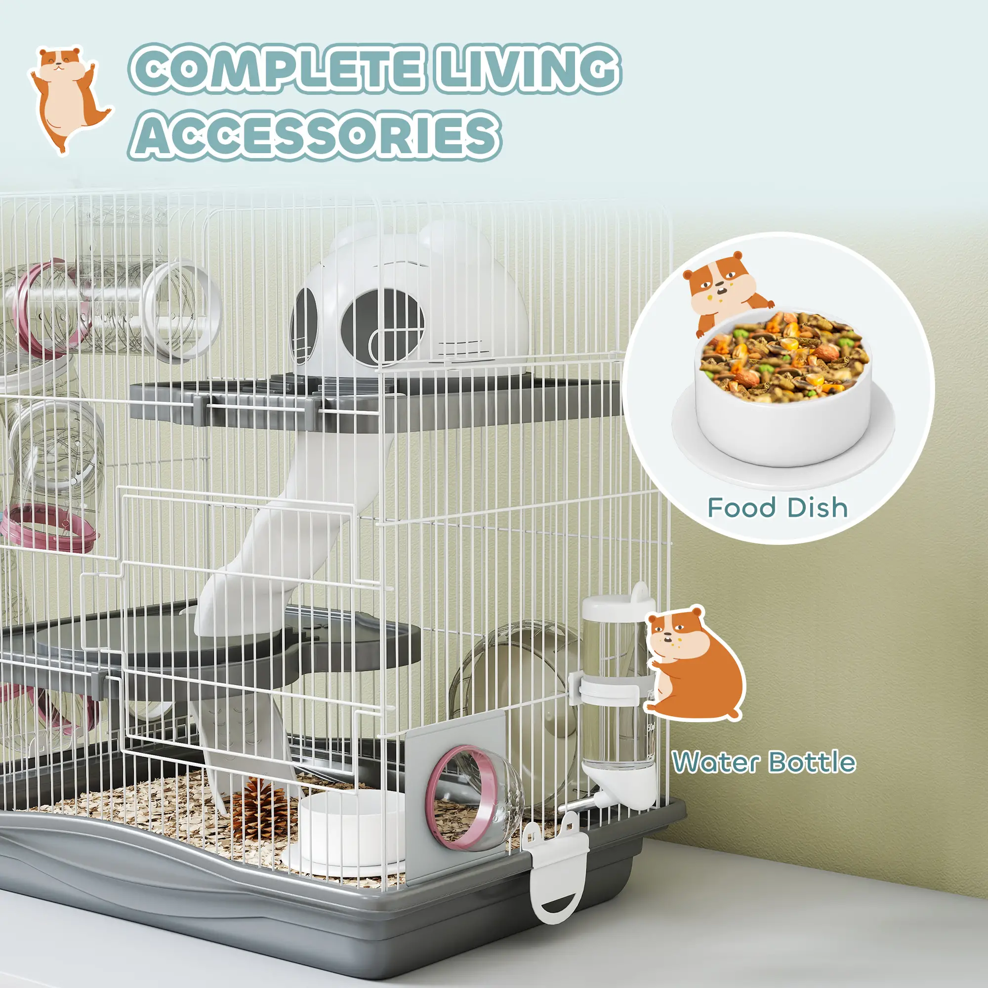 3-Tier Hamster Cage With Exercise Wheels, Grey - Image 6